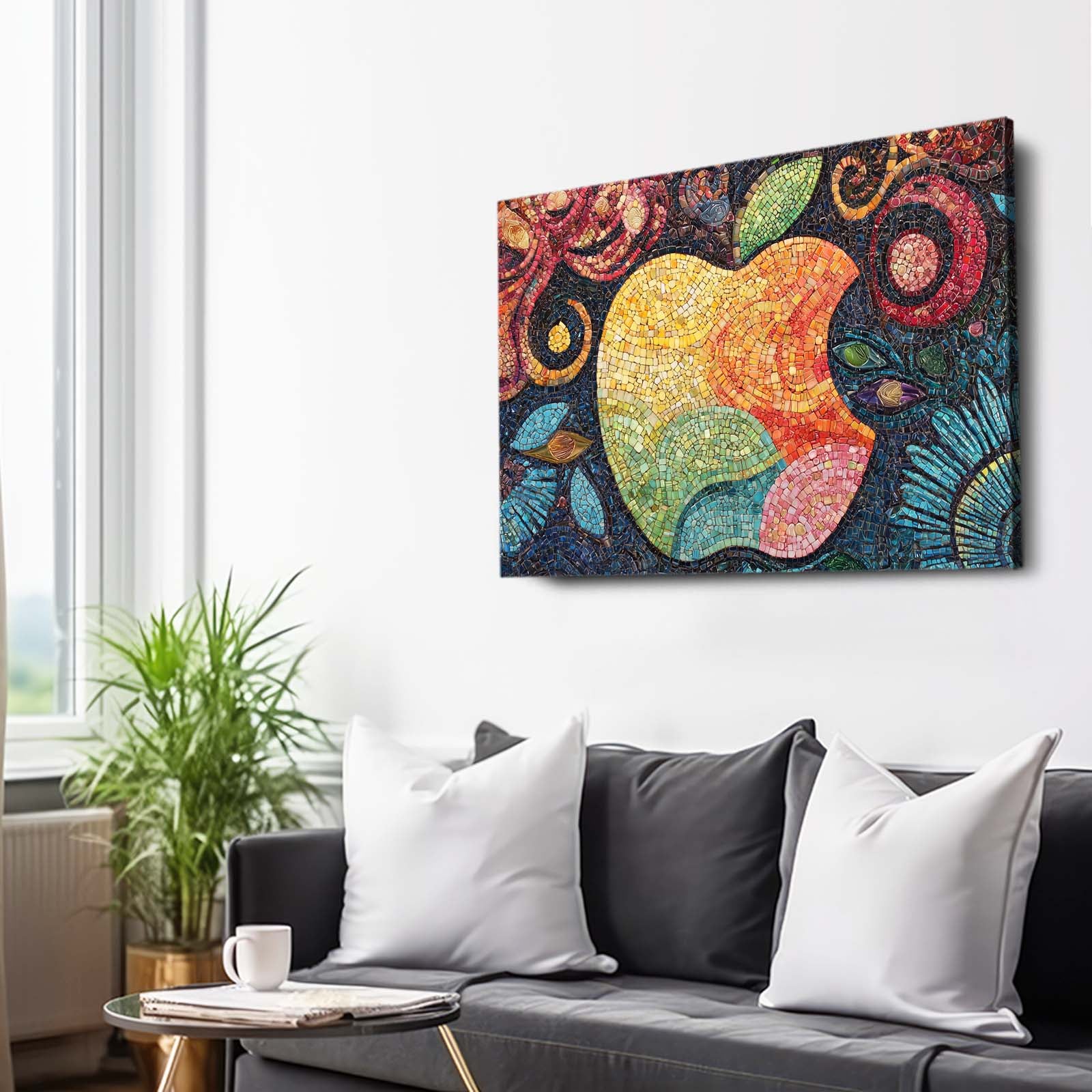 Ornate Mosaic Logo Apple Art – styled in a furnished interior
