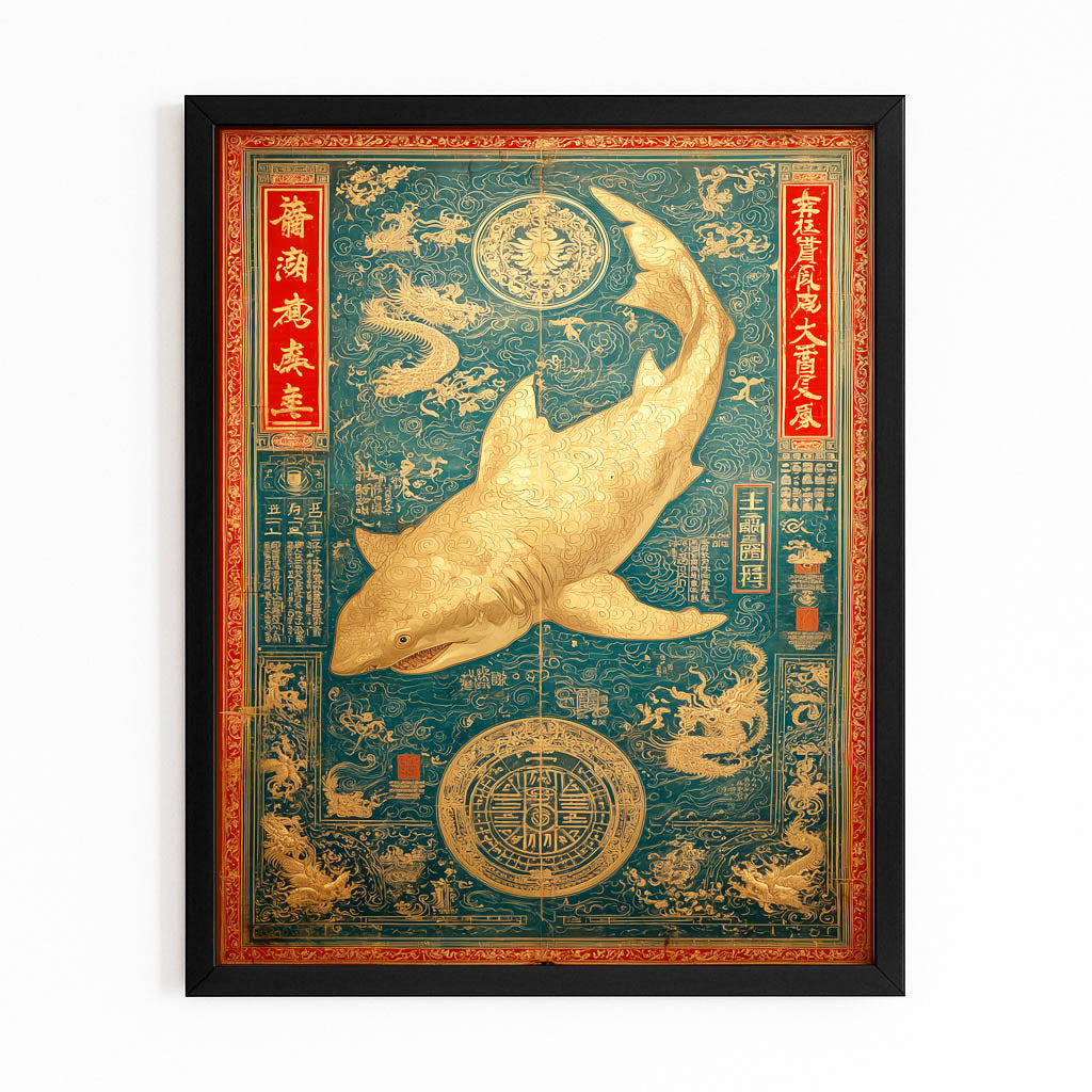 Ornate Teal Tapestry Shark Wall Art – with Premium Black frame on white background