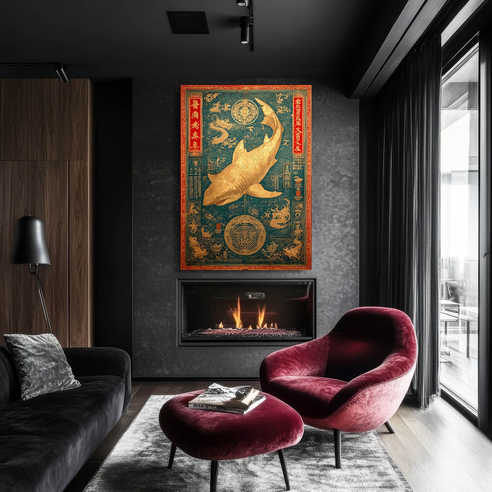 Ornate Teal Tapestry Shark Wall Art – styled in a furnished interior