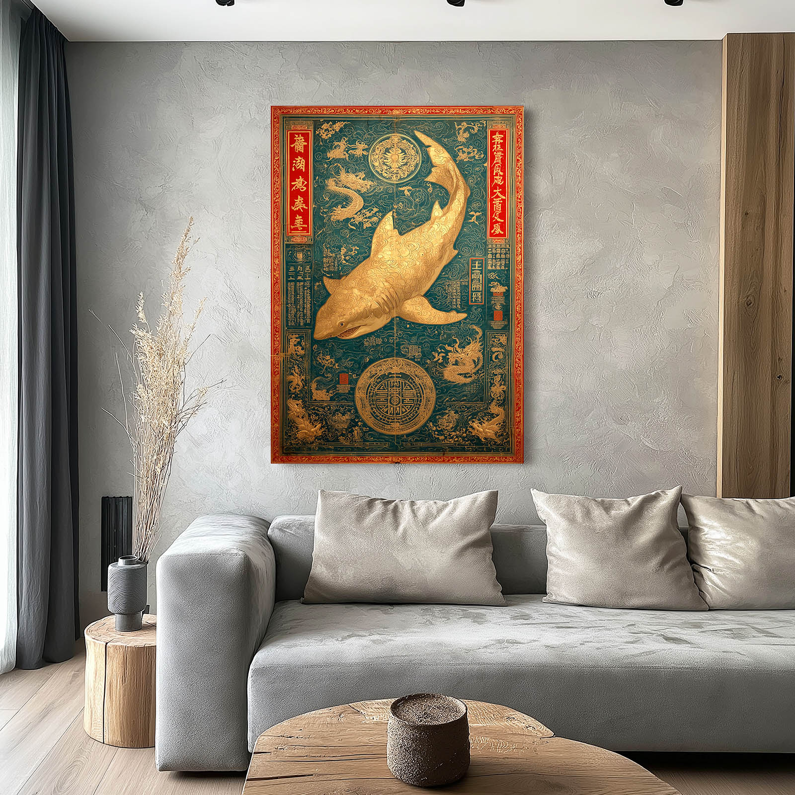 Ornate Teal Tapestry Shark Wall Art – styled in a furnished interior