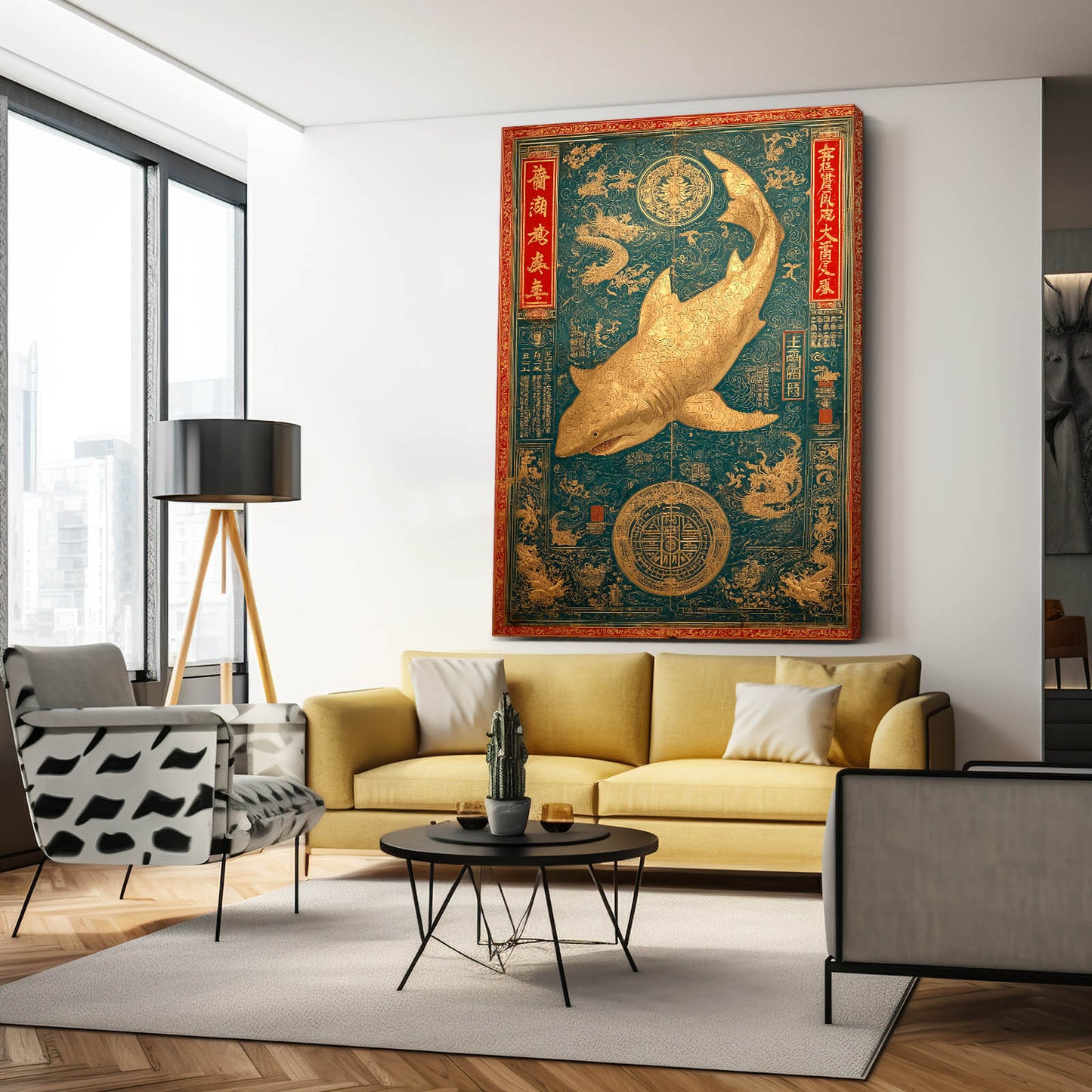 Ornate Teal Tapestry Shark Wall Art – styled in a furnished interior