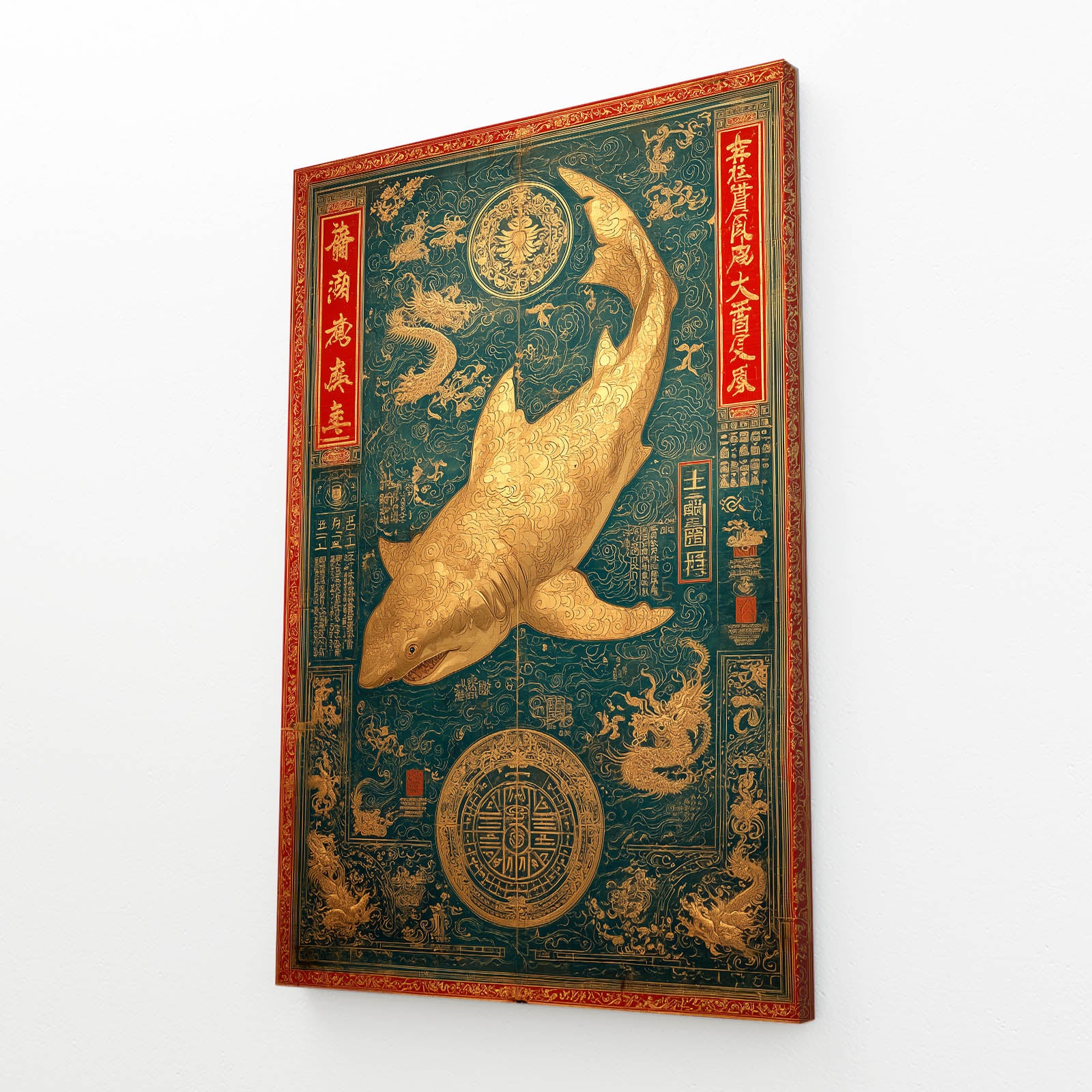 Ornate Teal Tapestry Shark Wall Art – angled canvas view on white background