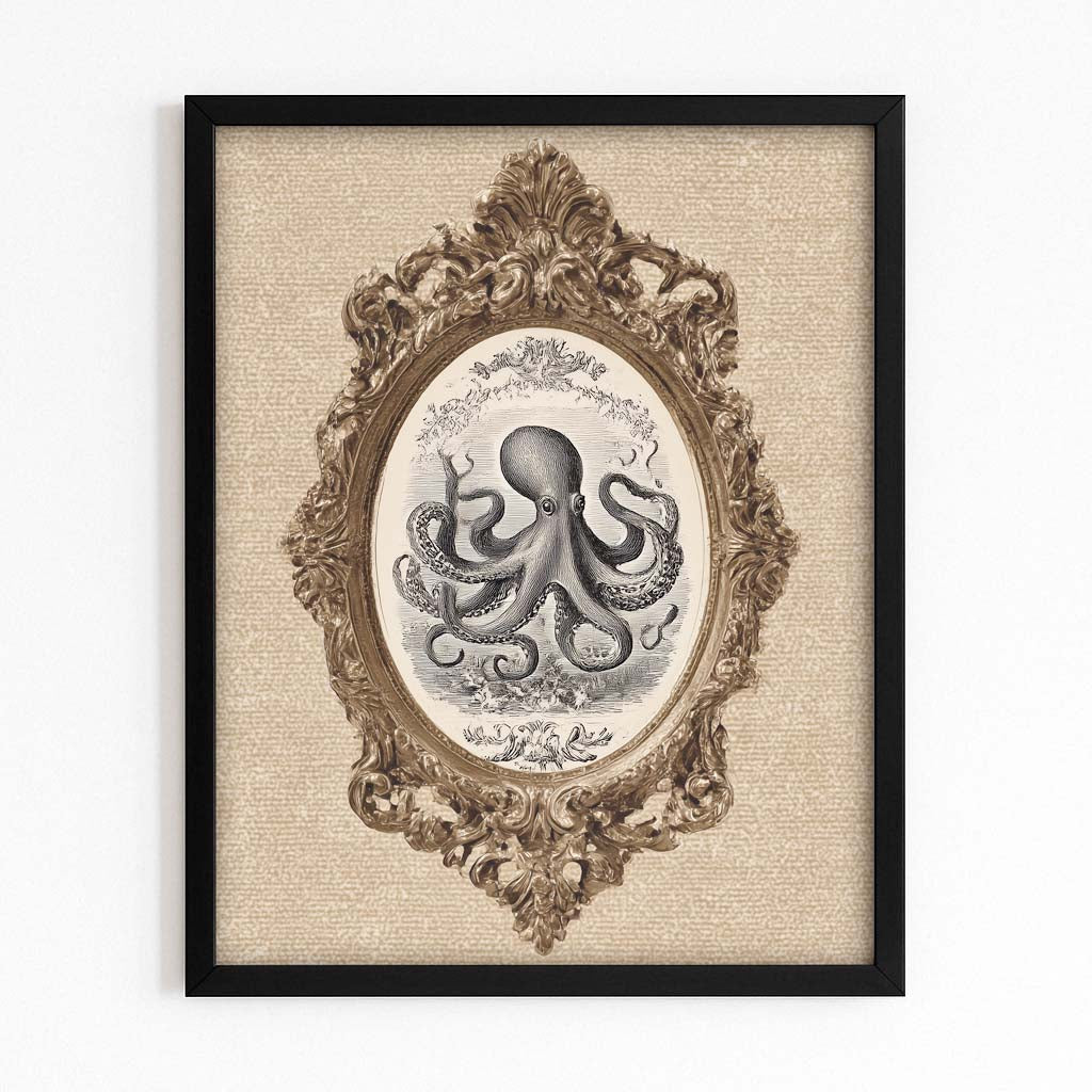 Oval Frame Etching Octopus Wall Art – with Premium Black frame on white background