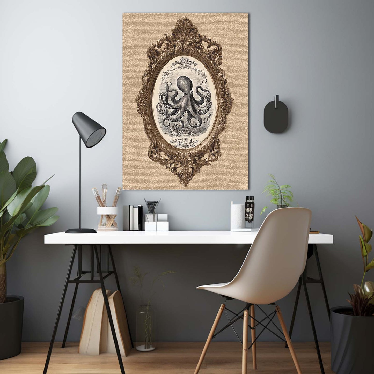 Oval Frame Etching Octopus Wall Art – styled in a furnished interior