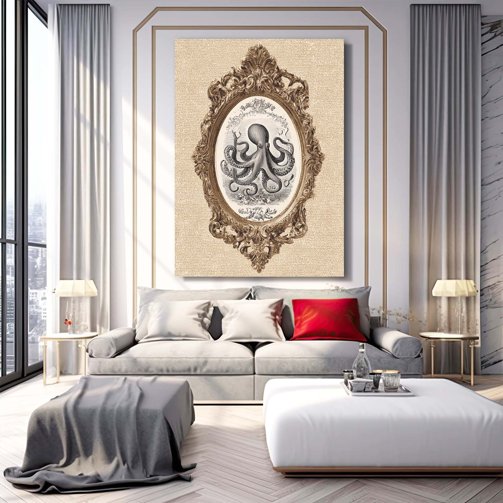 Oval Frame Etching Octopus Wall Art – styled in a furnished interior