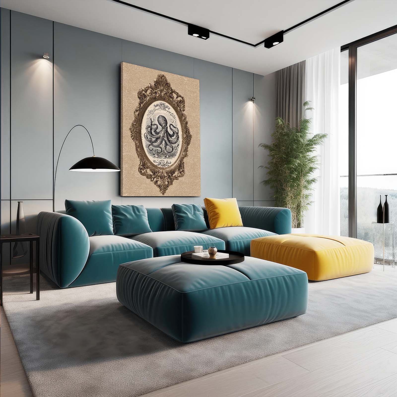 Oval Frame Etching Octopus Wall Art – styled in a furnished interior