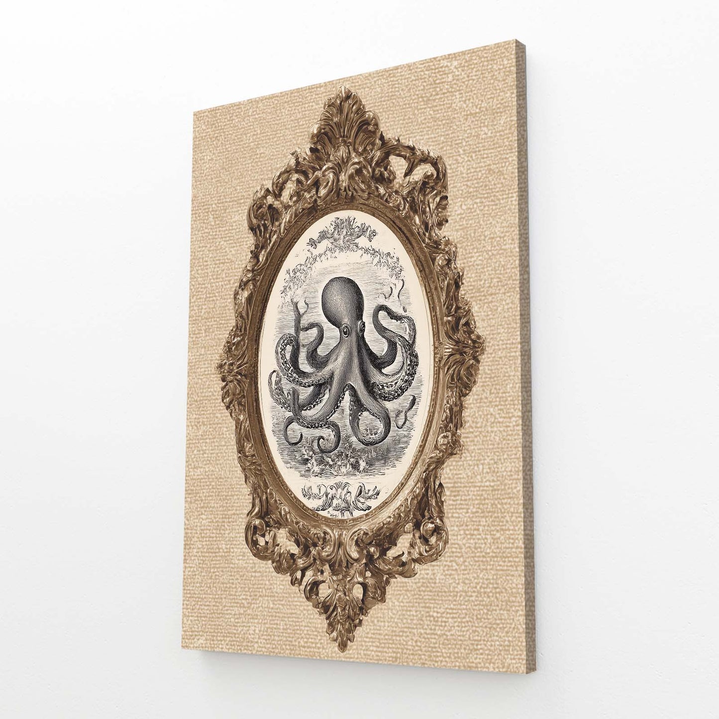 Oval Frame Etching Octopus Wall Art – angled canvas view on white background