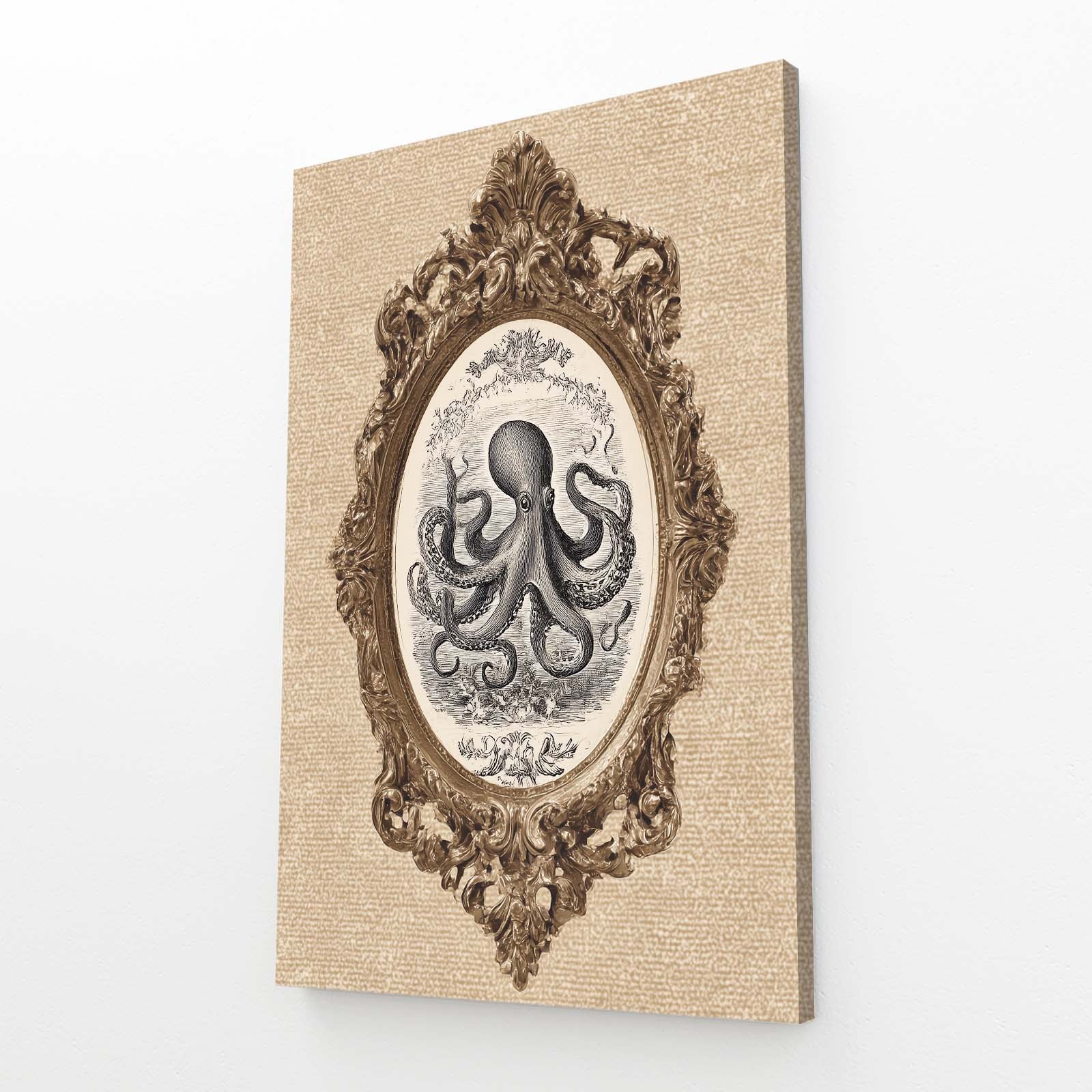 Oval Frame Etching Octopus Wall Art – angled canvas view on white background