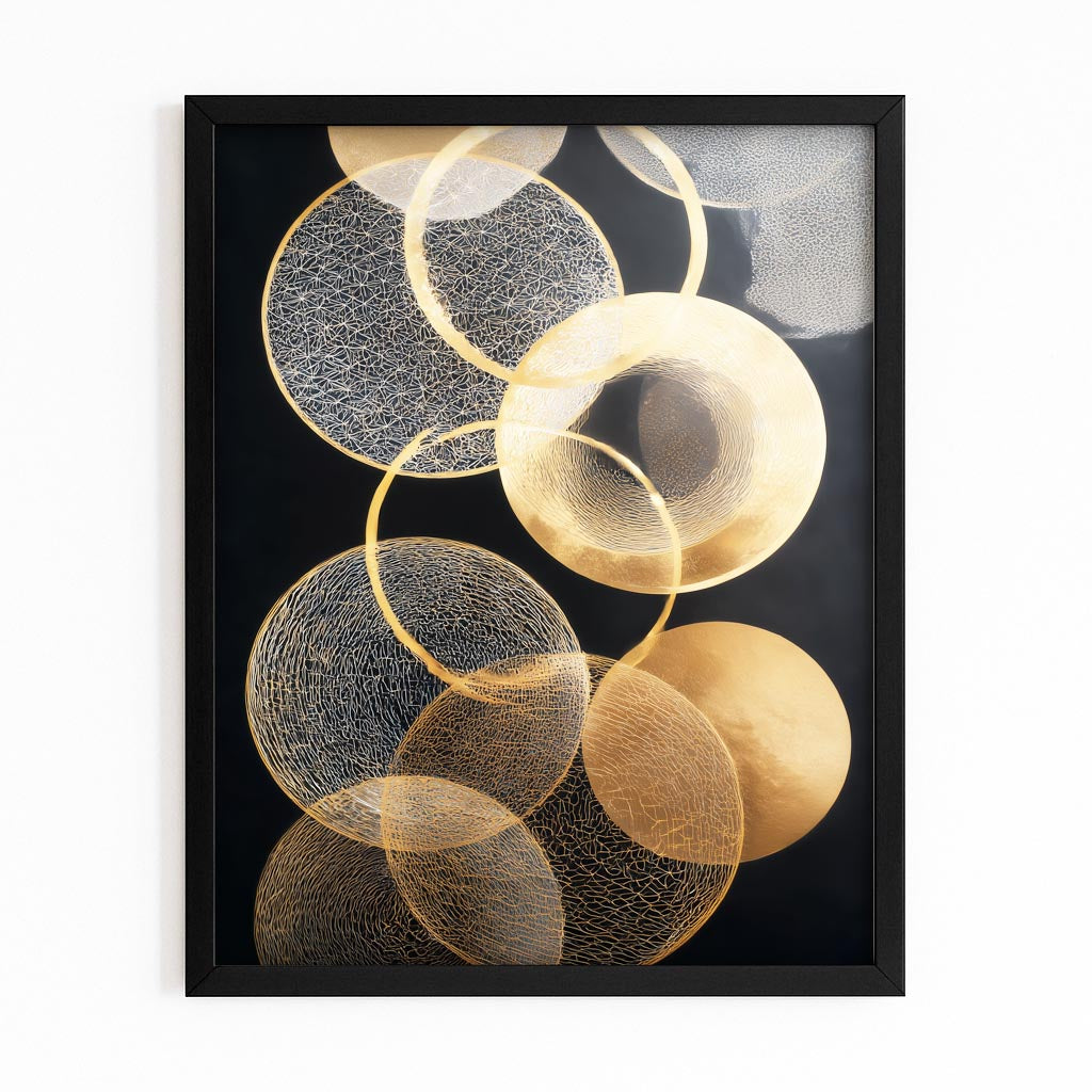 Overlapping Gold Circles Wall Decor – with Premium Black frame on white background