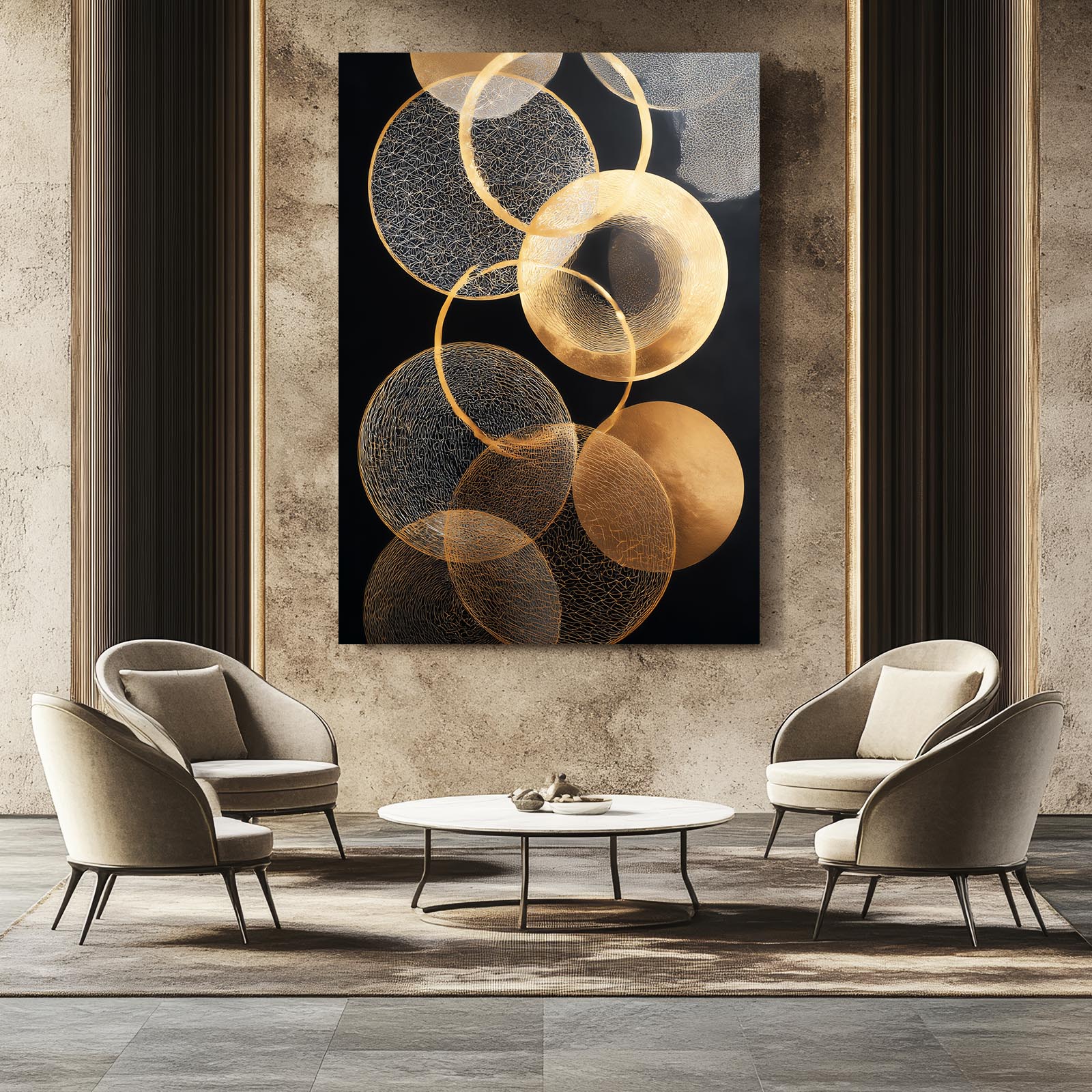 Overlapping Gold Circles Wall Decor – styled in a furnished interior
