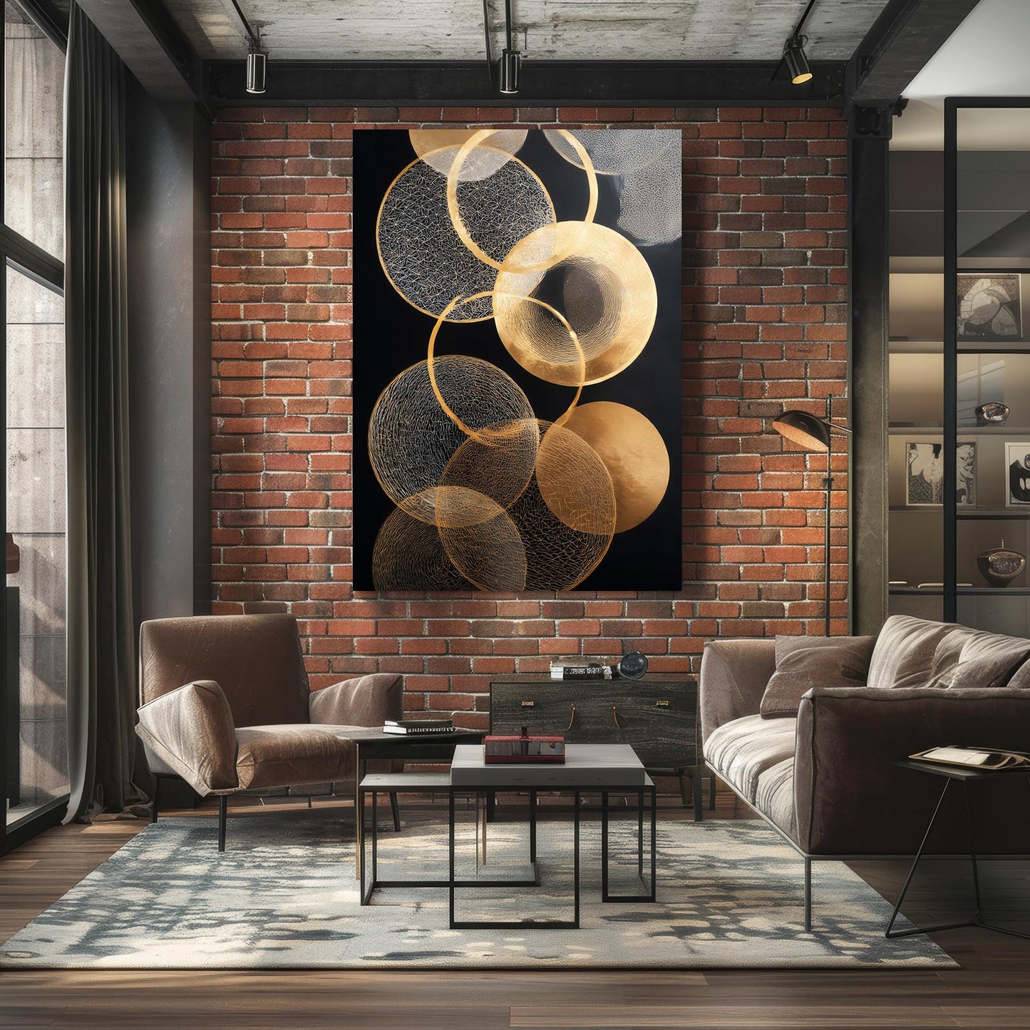 Overlapping Gold Circles Wall Decor – styled in a furnished interior