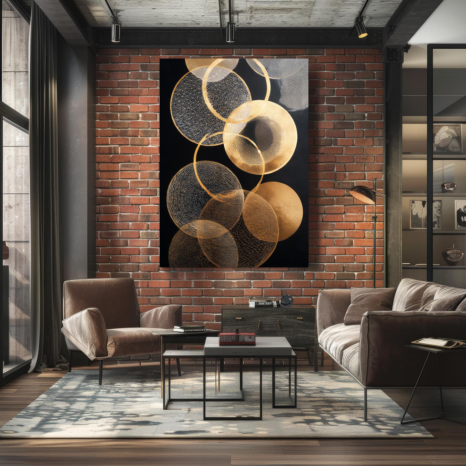 Overlapping Gold Circles Wall Decor – styled in a furnished interior