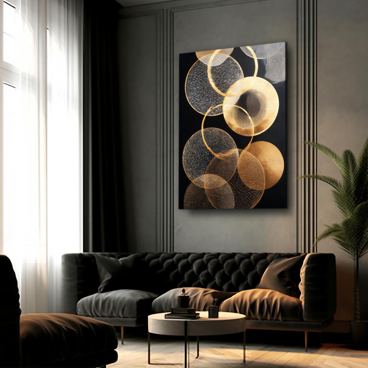 Overlapping Gold Circles Wall Decor – styled in a furnished interior