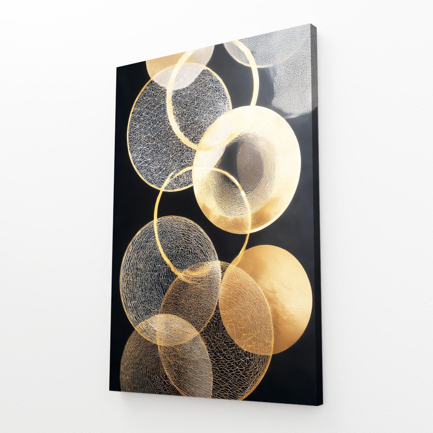 Overlapping Gold Circles Wall Decor – angled canvas view on white background