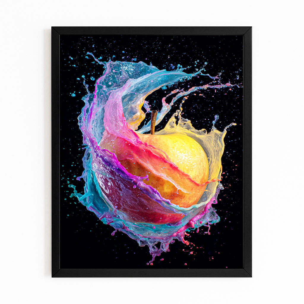 Paint Splash Color Apple Art – with Premium Black frame on white background
