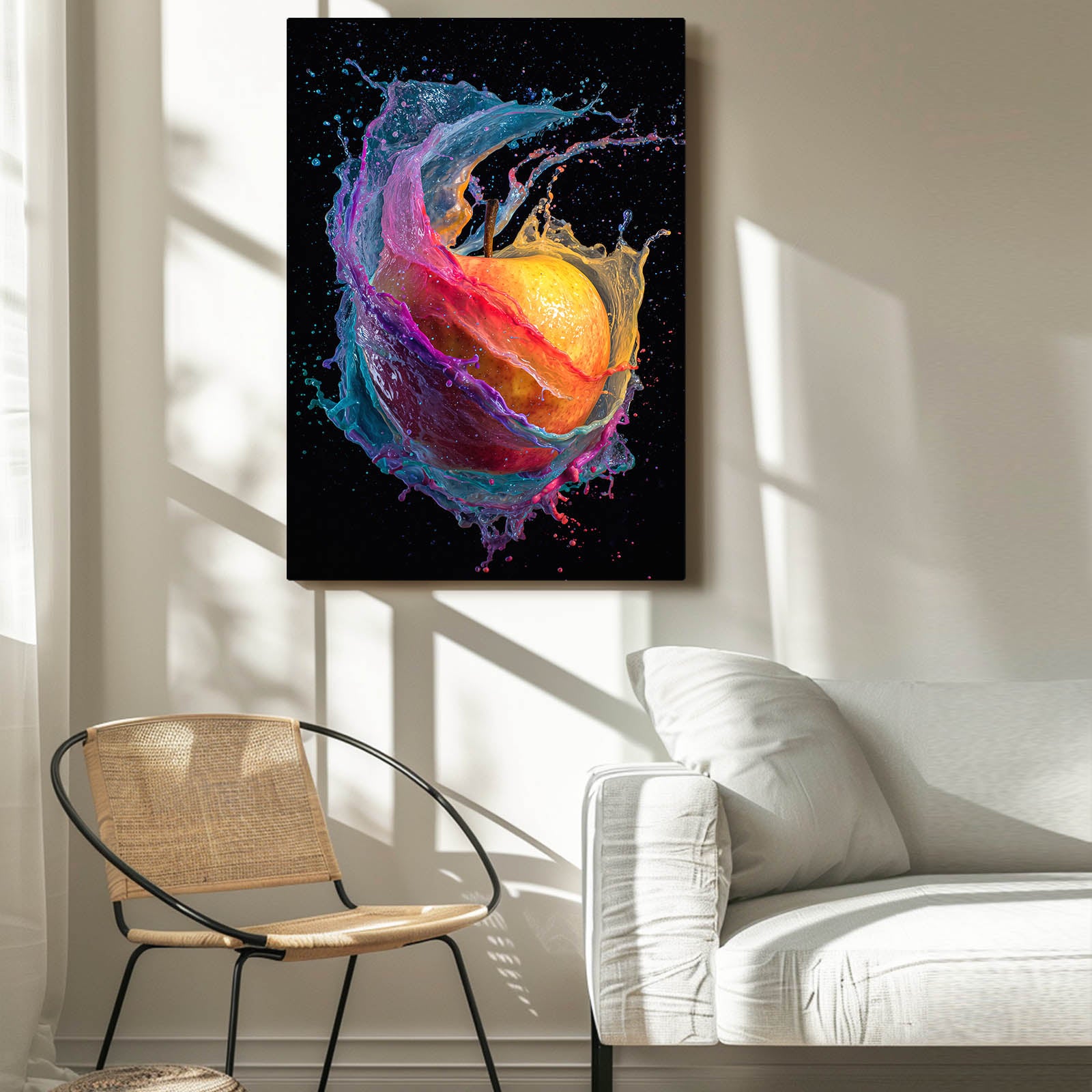 Paint Splash Color Apple Art – styled in a furnished interior