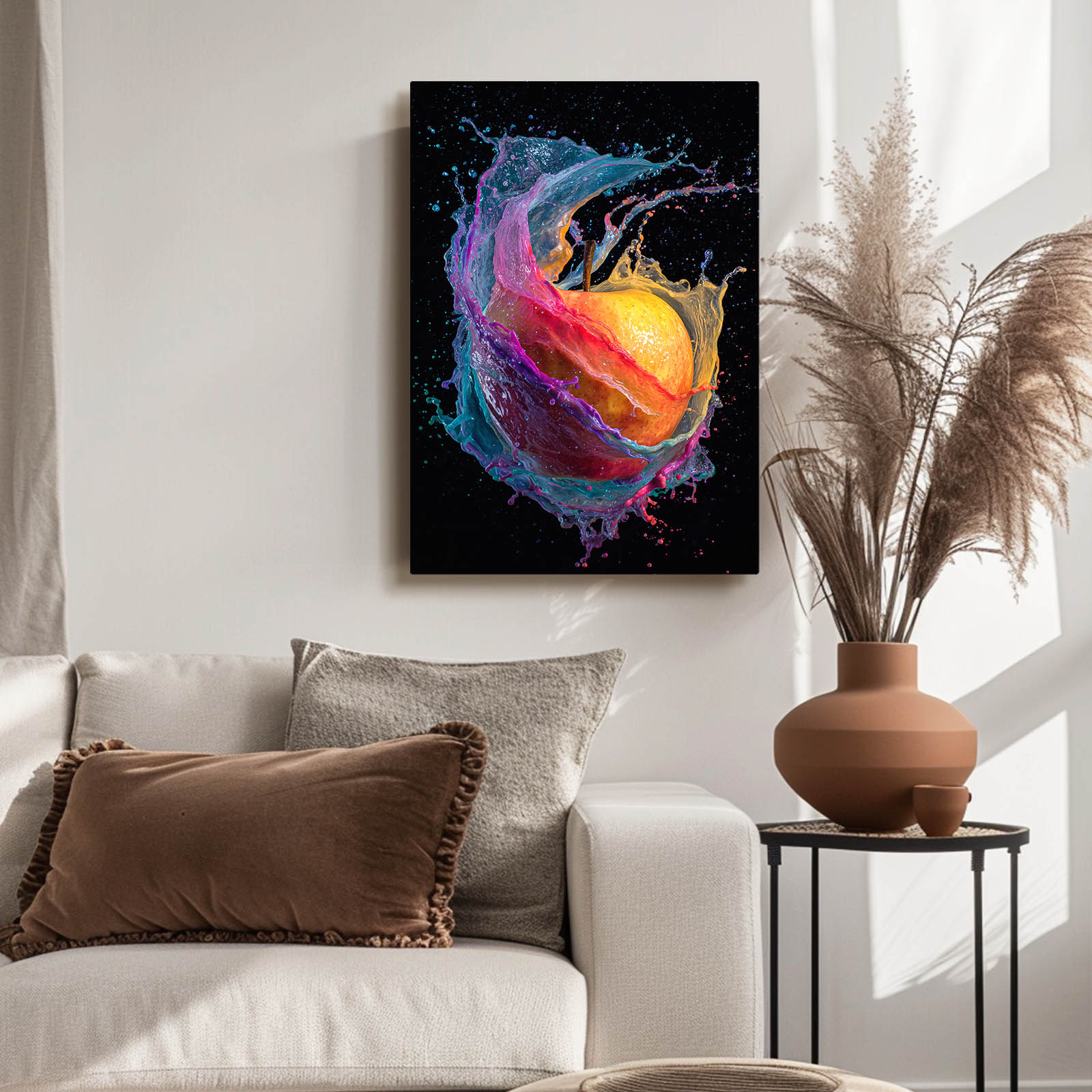 Paint Splash Color Apple Art – styled in a furnished interior