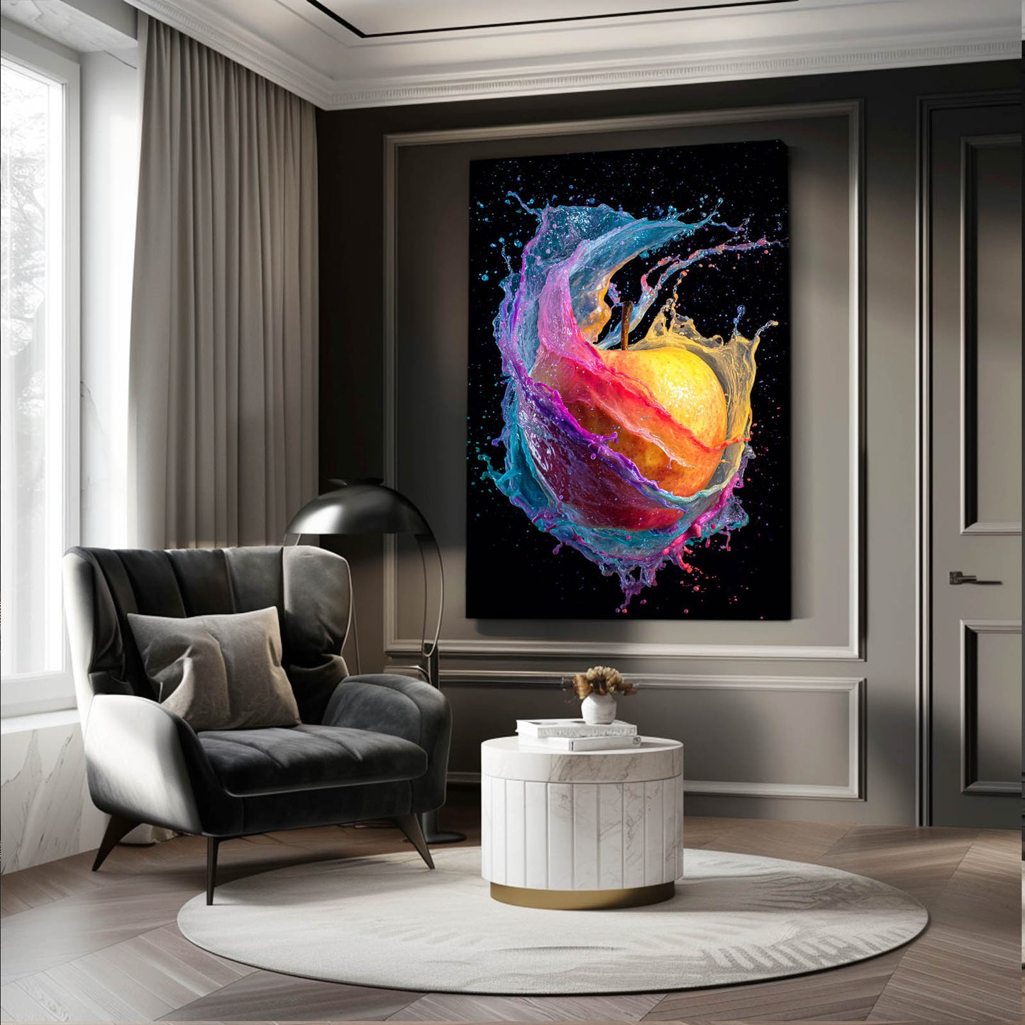 Paint Splash Color Apple Art – styled in a furnished interior