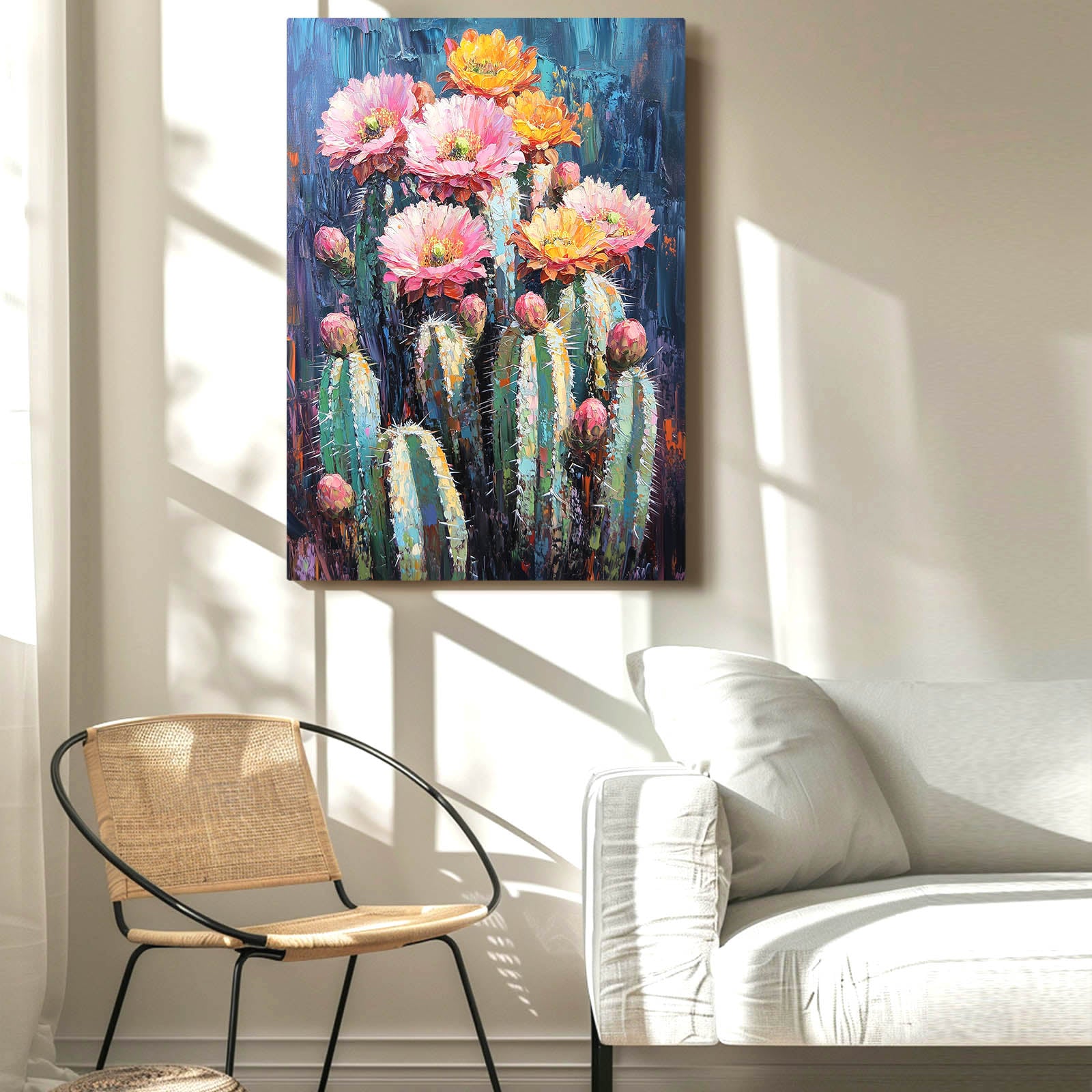 Painted Bloom Cluster Cactus Canvas Art – styled in a furnished interior