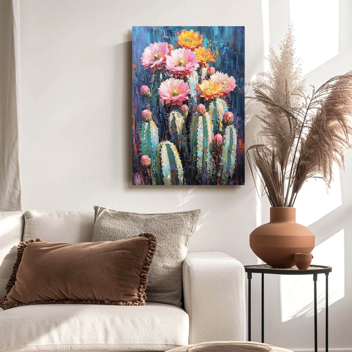 Painted Bloom Cluster Cactus Canvas Art – styled in a furnished interior