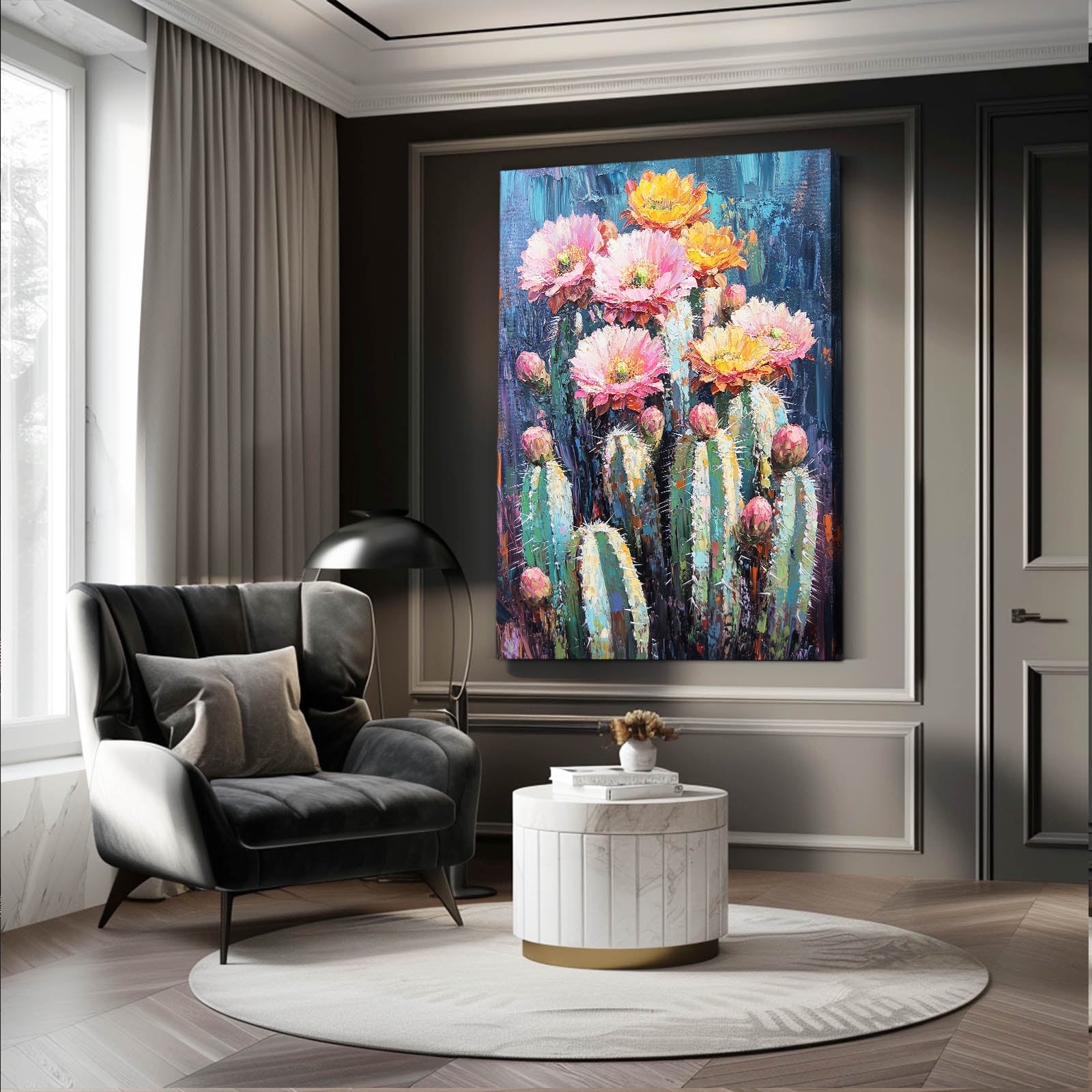 Painted Bloom Cluster Cactus Canvas Art – styled in a furnished interior