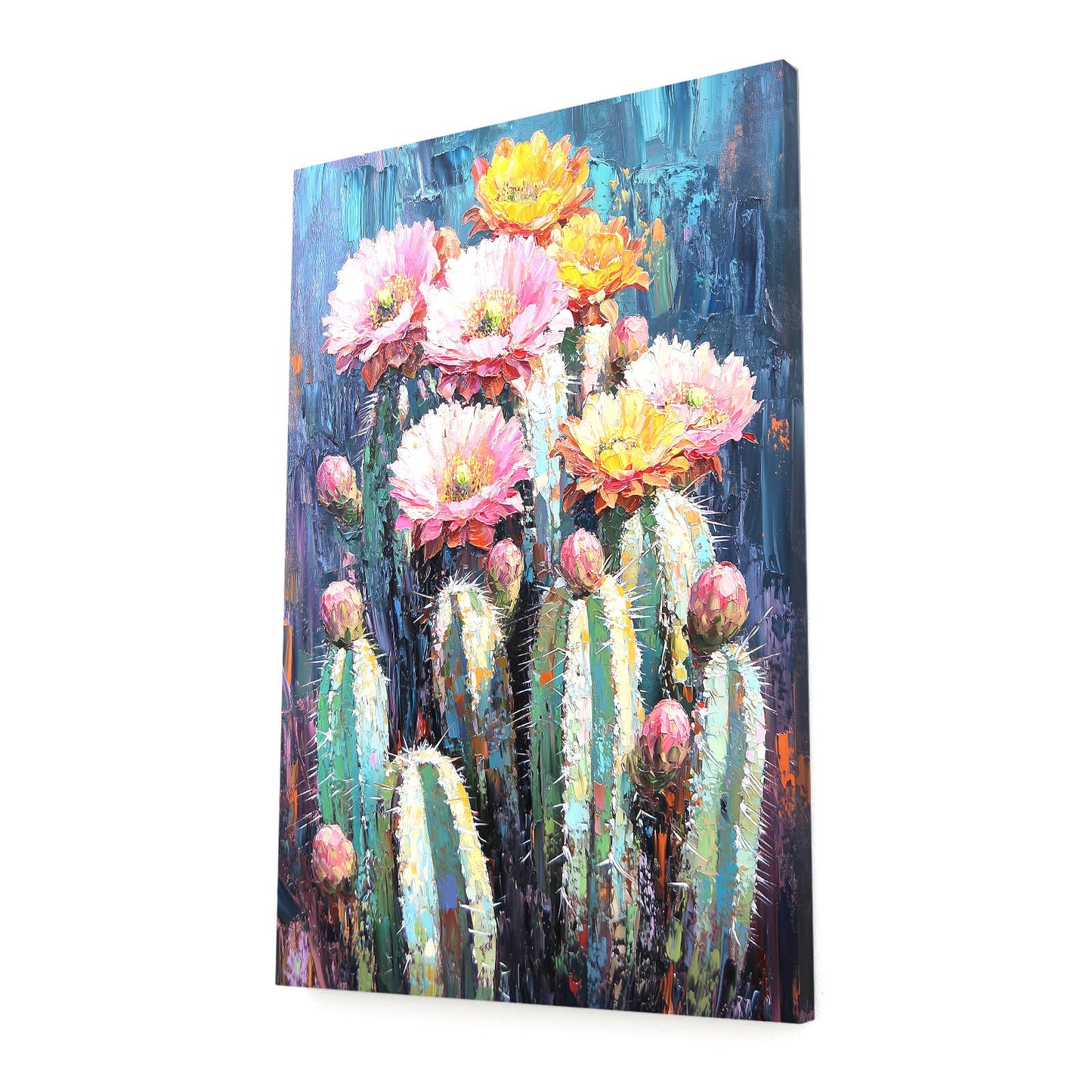 Painted Bloom Cluster Cactus Canvas Art – angled canvas view on white background