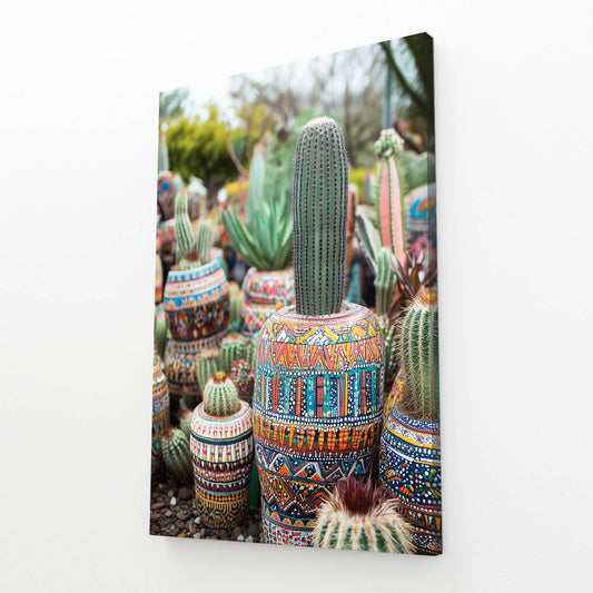 Painted Pot Garden Cactus Wall Art – angled canvas view on white background