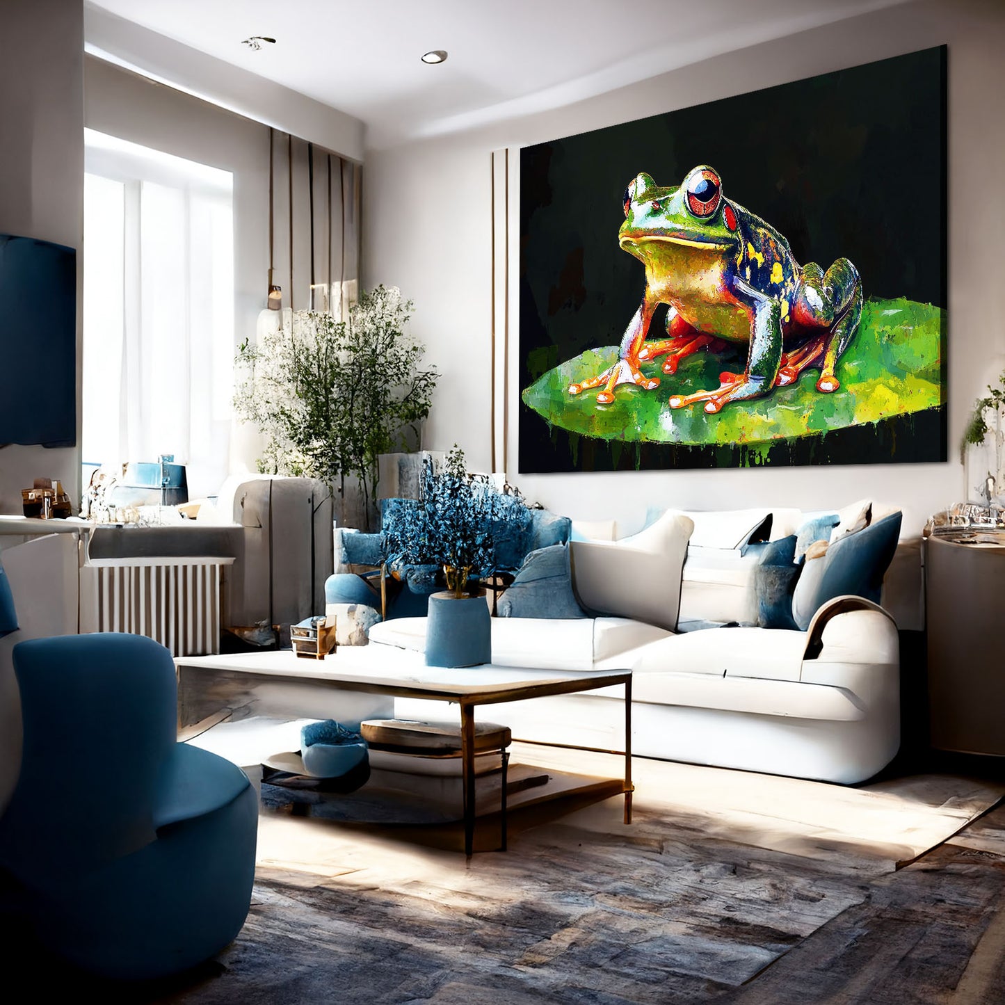 Painterly Lily Frog Canvas – styled in a furnished interior