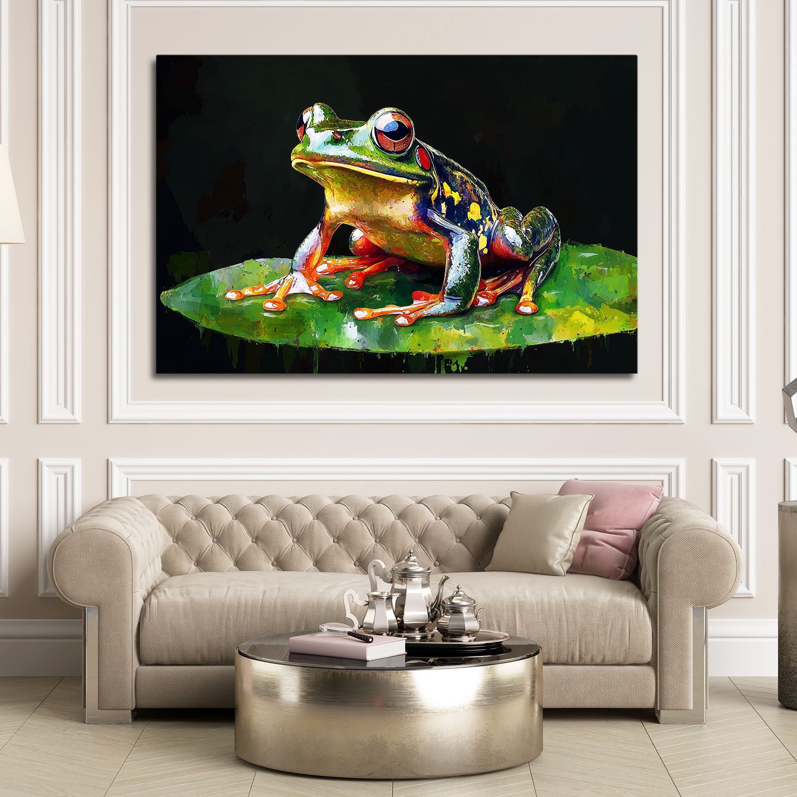 Painterly Lily Frog Canvas – styled in a furnished interior