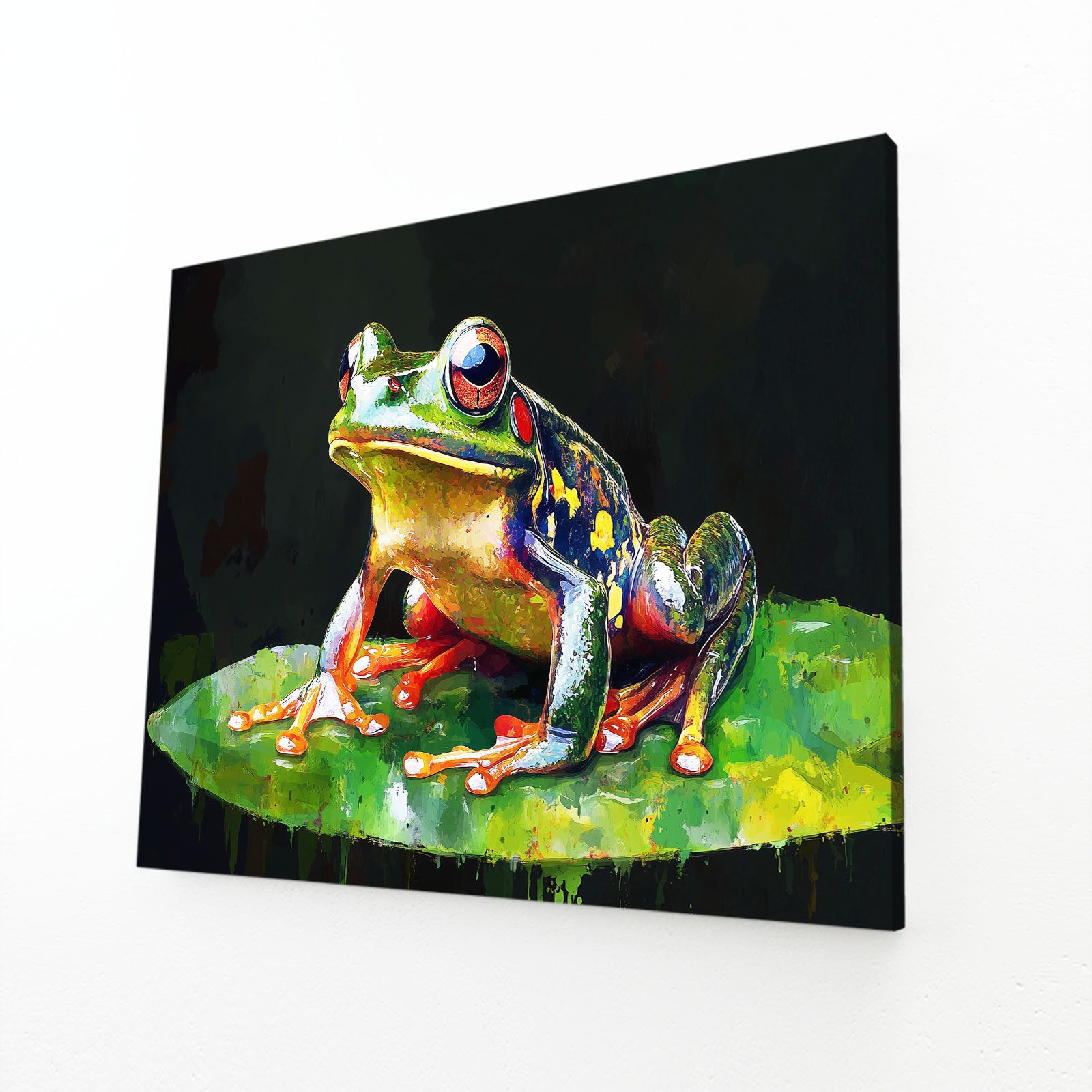 Painterly Lily Frog Canvas – angled canvas view on white background