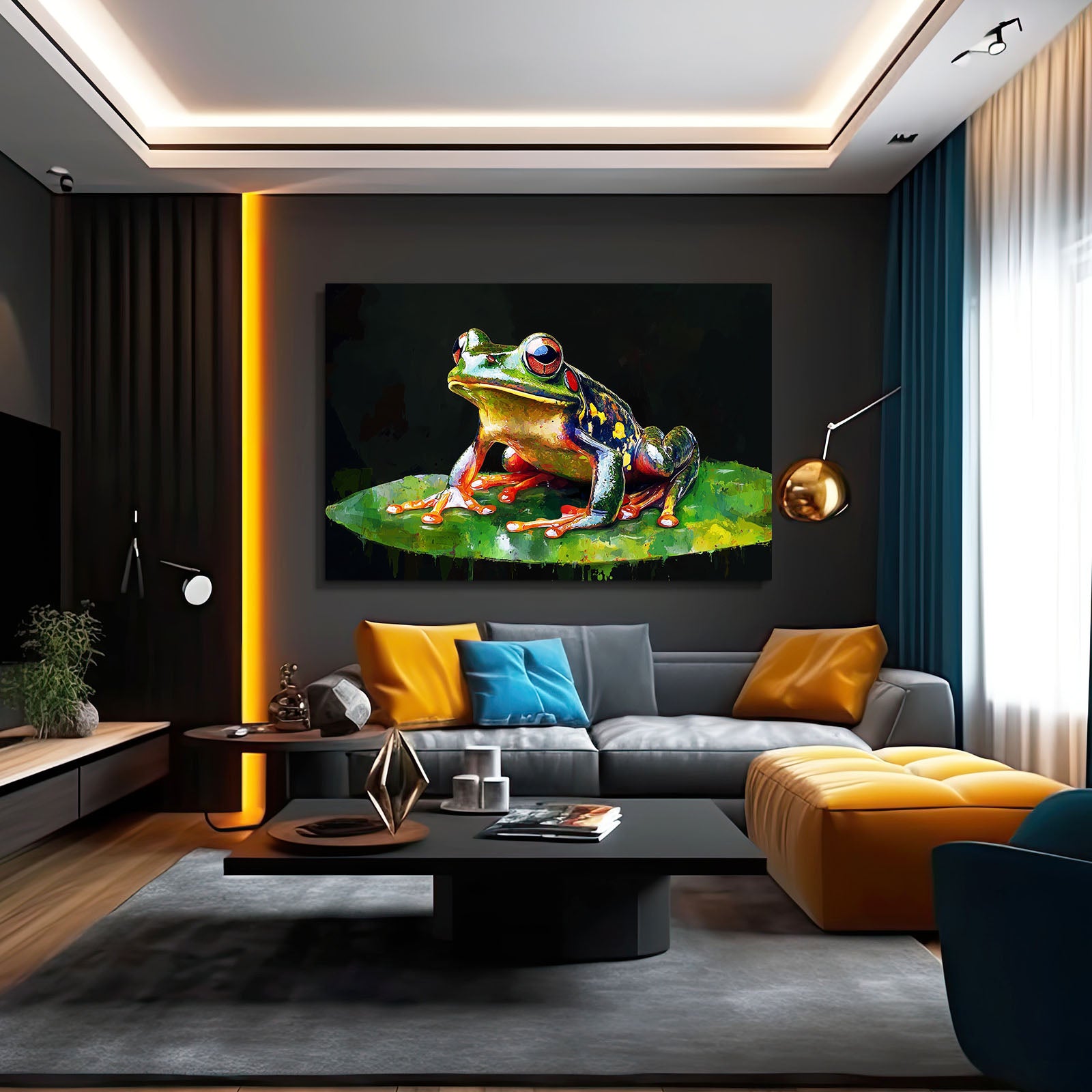 Painterly Lily Frog Canvas – styled in a furnished interior