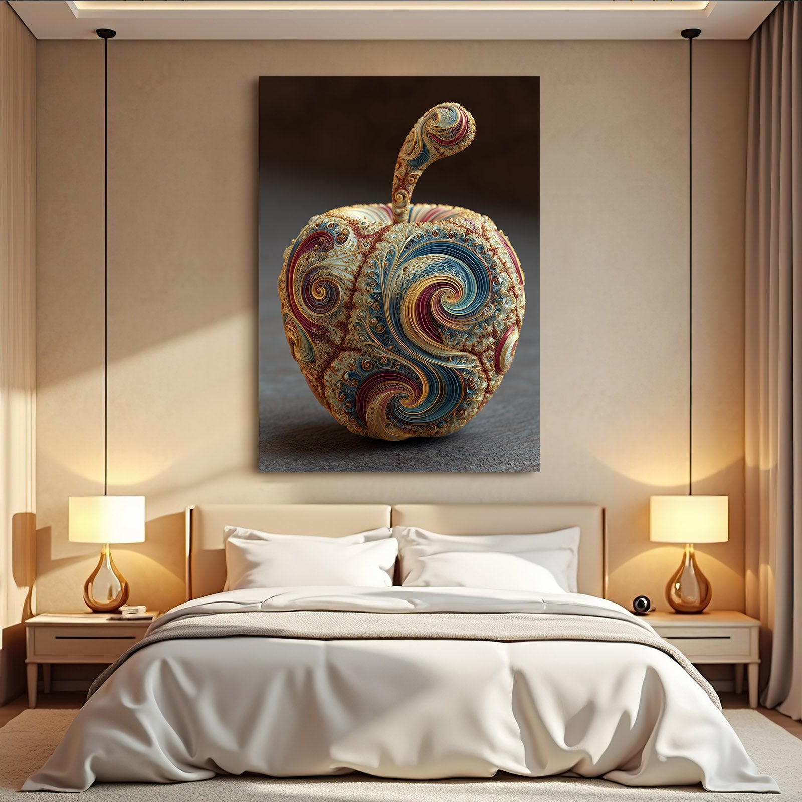 Paisley Textile Apple Art – styled in a furnished interior