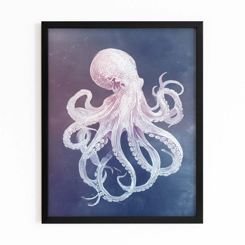 Pale Ghost Drift Octopus Canvas Art – with Premium Black frame on white background
