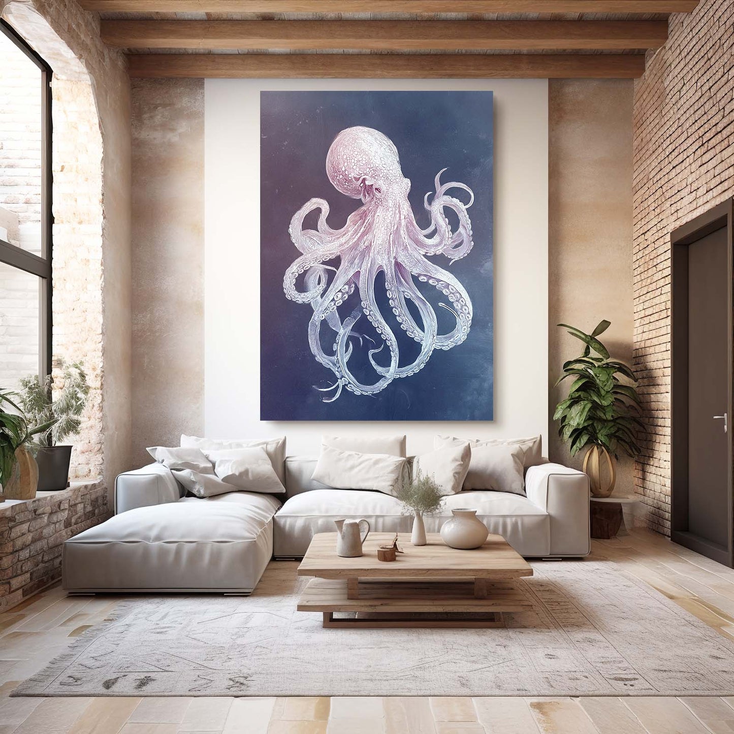 Pale Ghost Drift Octopus Canvas Art – styled in a furnished interior