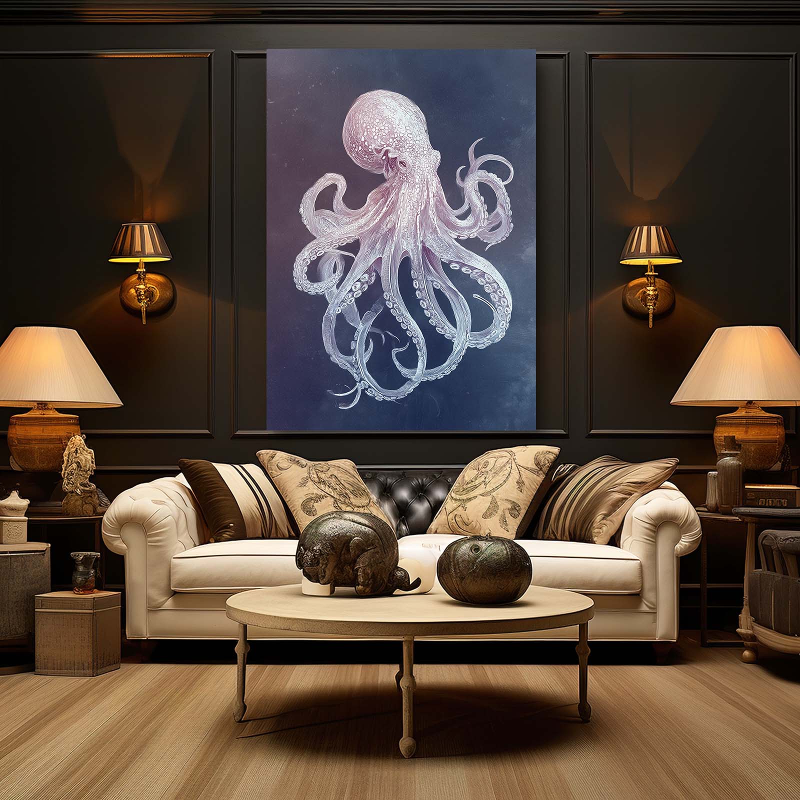 Pale Ghost Drift Octopus Canvas Art – styled in a furnished interior