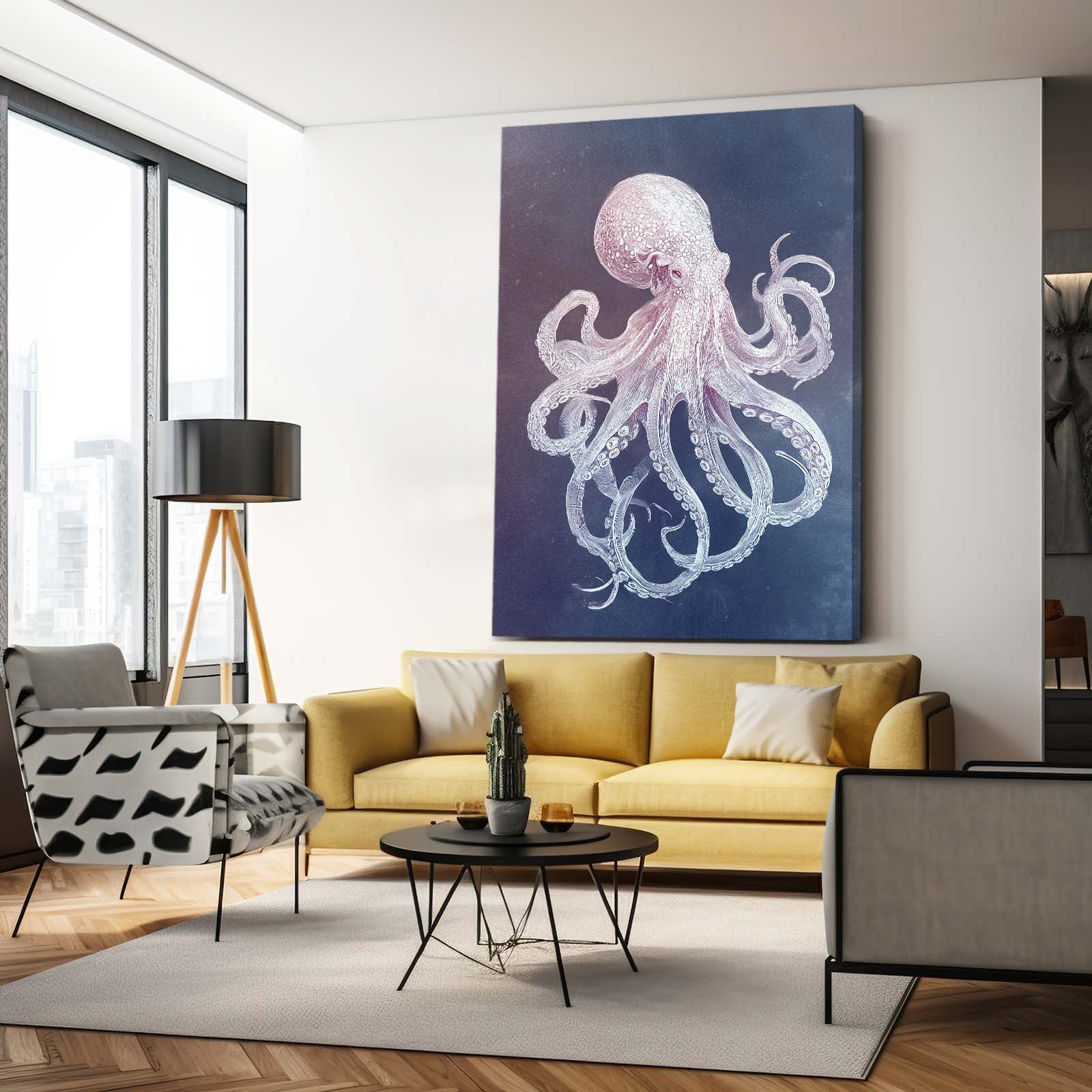 Pale Ghost Drift Octopus Canvas Art – styled in a furnished interior