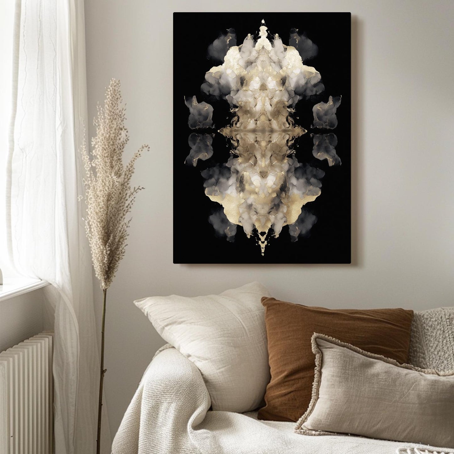 Pale Ink Blot Gold Canvas – styled in a furnished interior