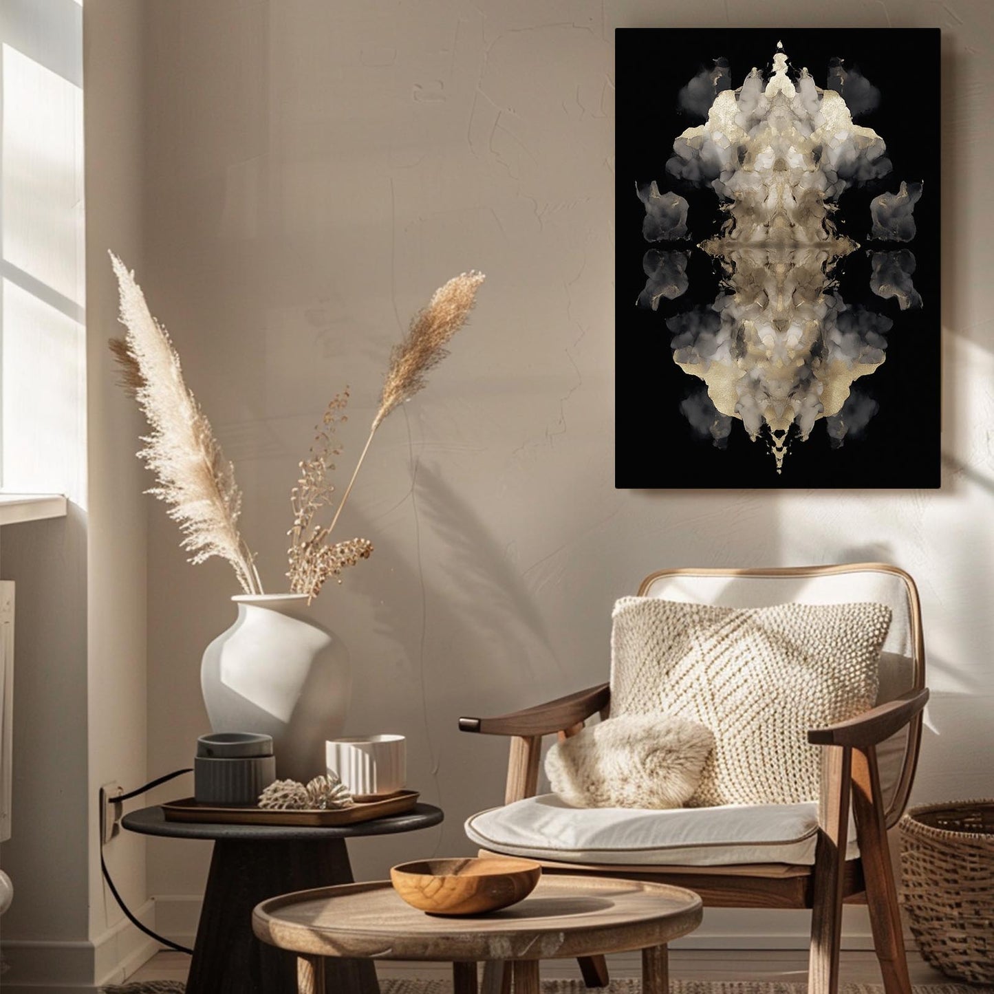 Pale Ink Blot Gold Canvas – styled in a furnished interior