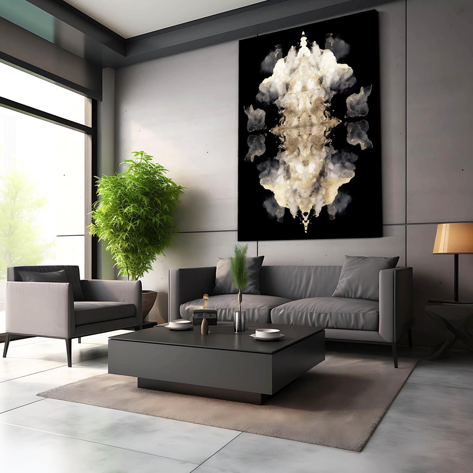 Pale Ink Blot Gold Canvas – styled in a furnished interior
