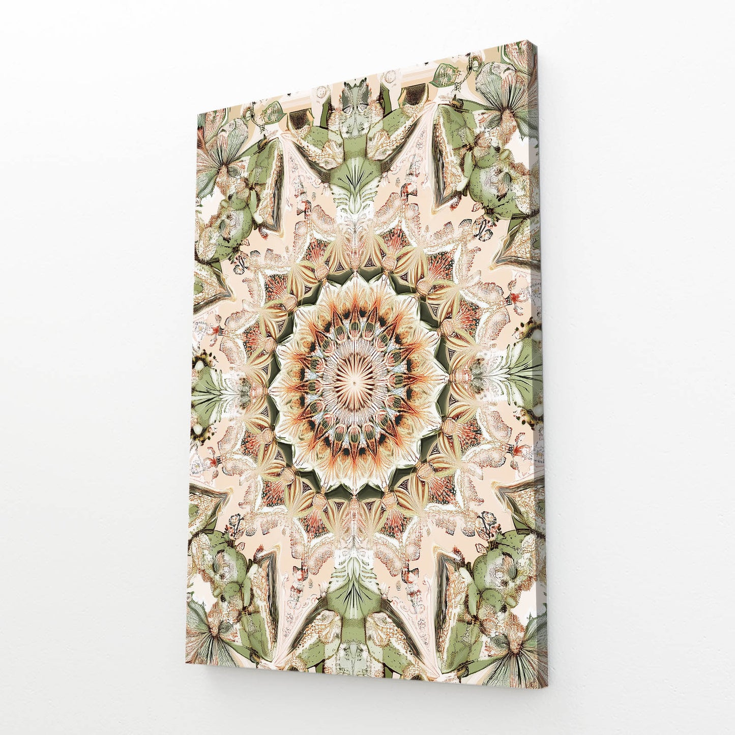 Pale Kaleidoscope Bloom Cactus Wall Art – angled canvas view on white background
