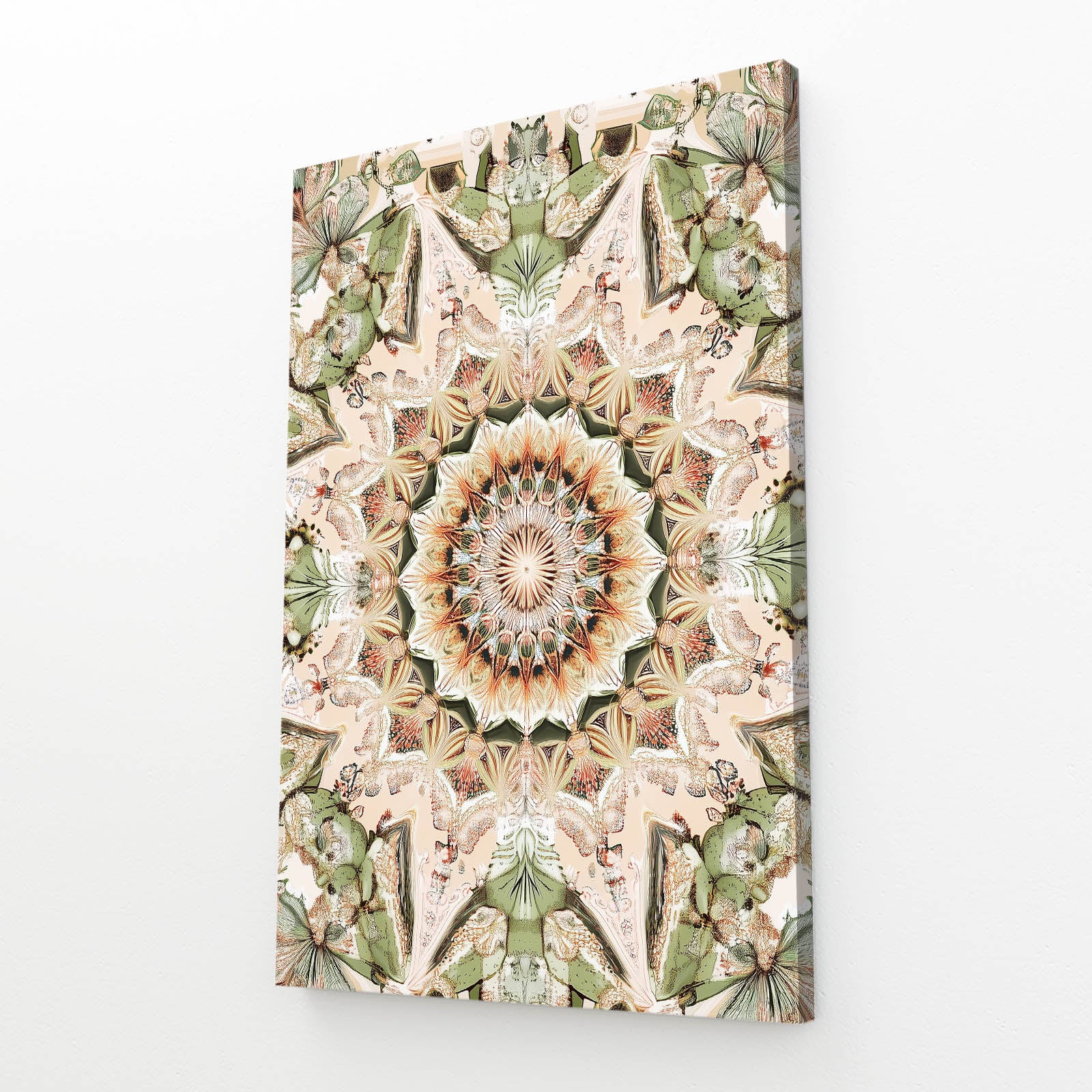 Pale Kaleidoscope Bloom Cactus Wall Art – angled canvas view on white background