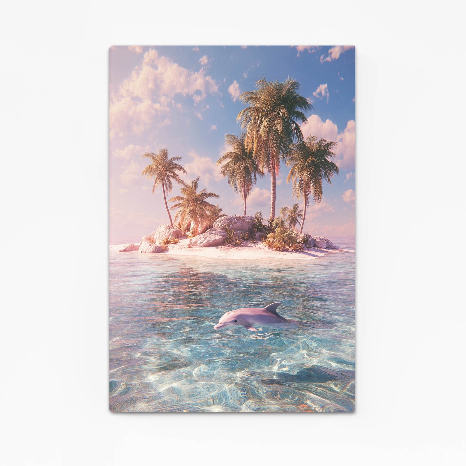 Palm Island Dolphin Art – dolphin swimming in a crystal clear lagoon in front of a palm island