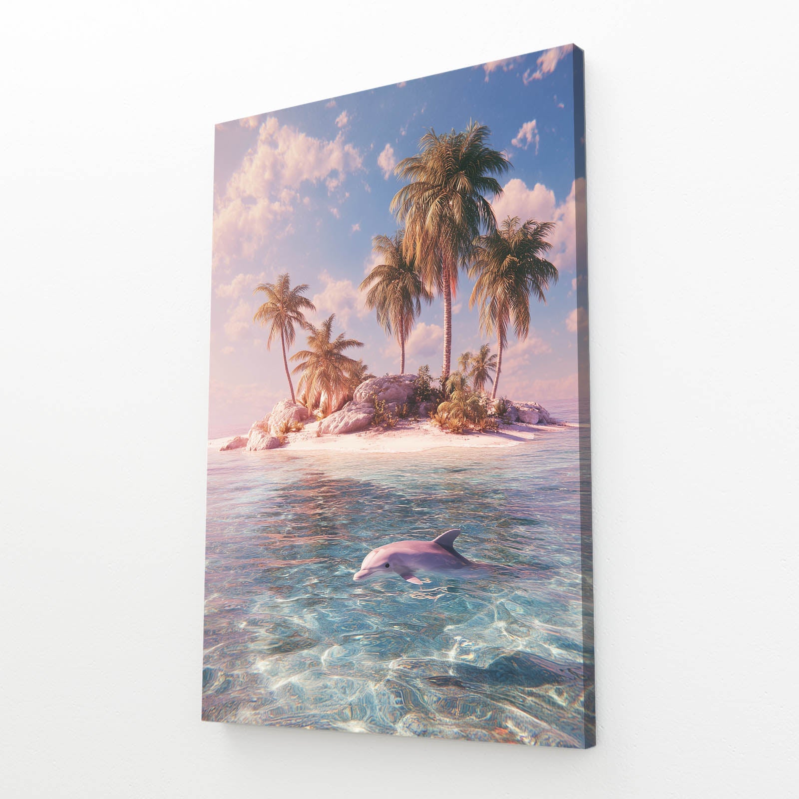 Palm Island Dolphin Art – angled canvas view on white background