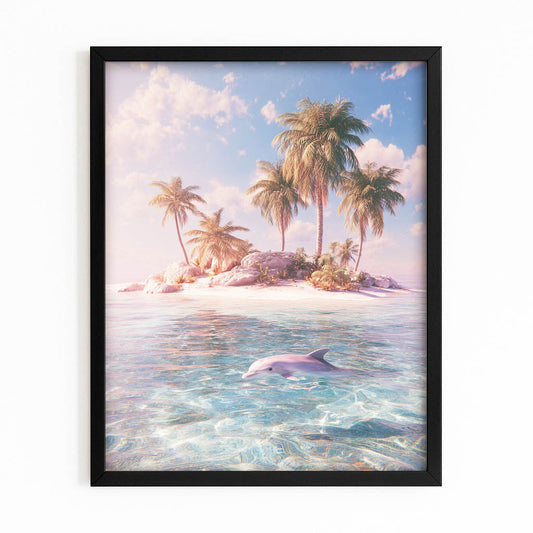 Palm Island Dolphin Art – with Premium Black wood frame on white background