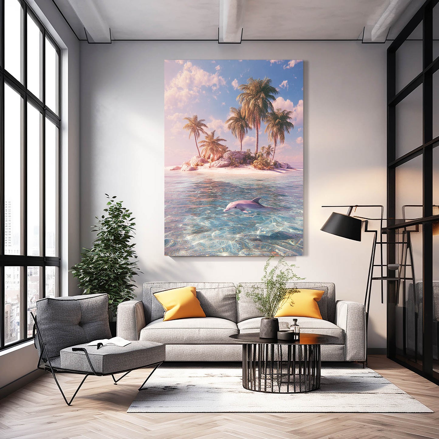 Palm Island Dolphin Art – styled in a furnished interior