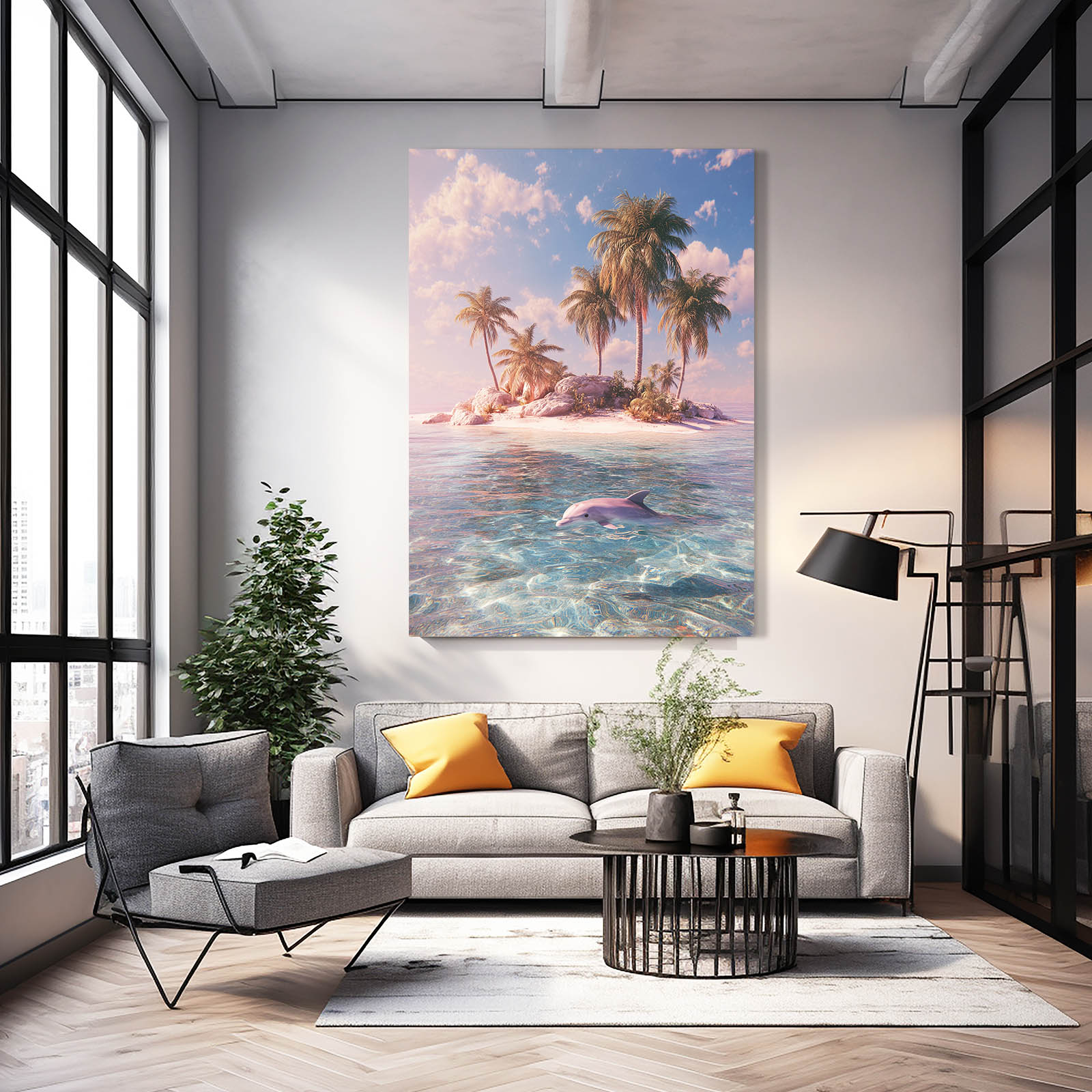 Palm Island Dolphin Art – styled in a furnished interior
