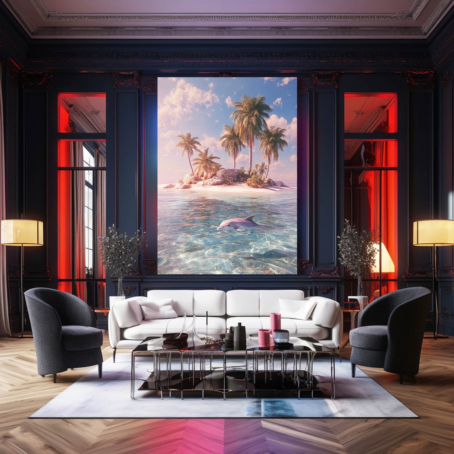 Palm Island Dolphin Art – styled in a furnished interior