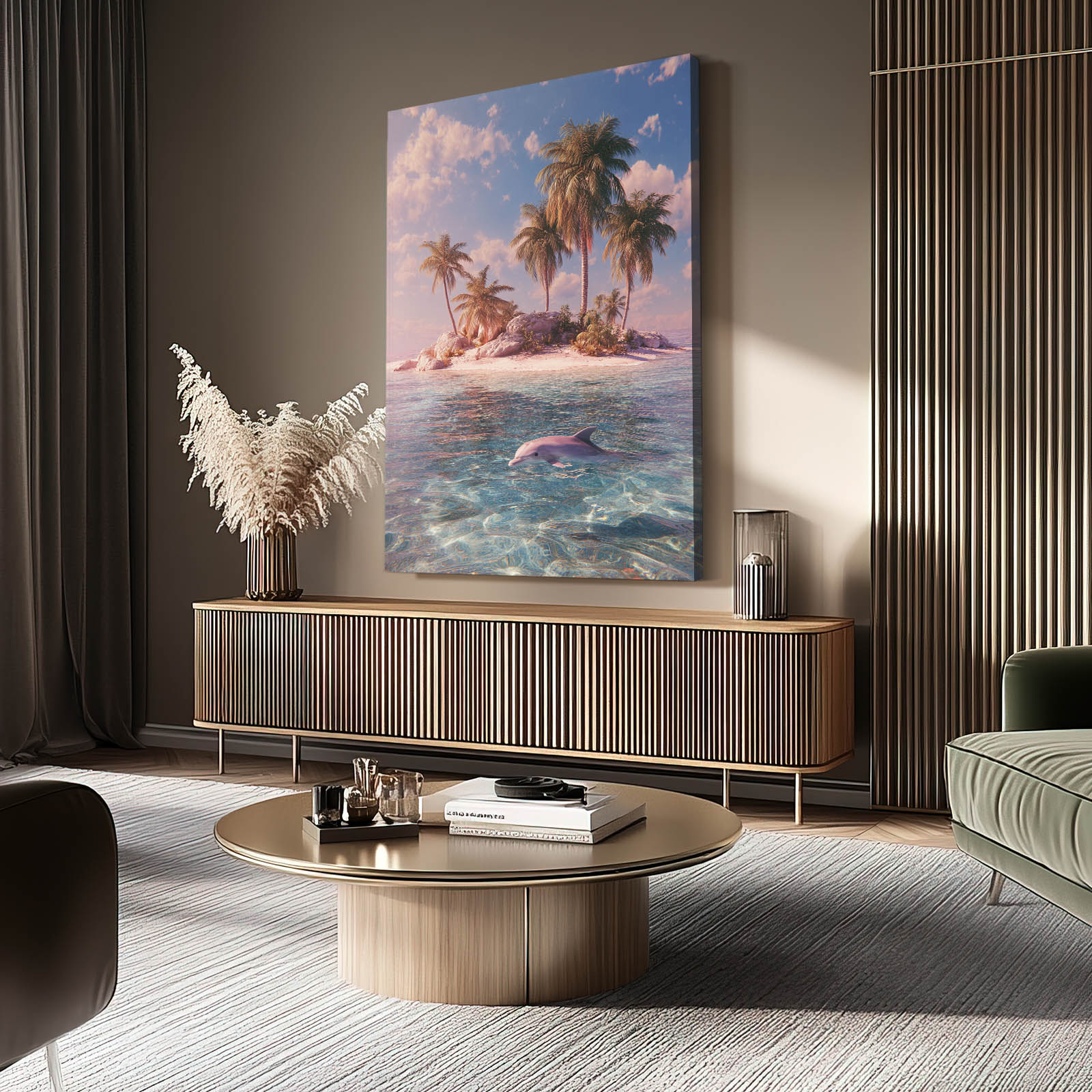 Palm Island Dolphin Art – styled in a furnished interior