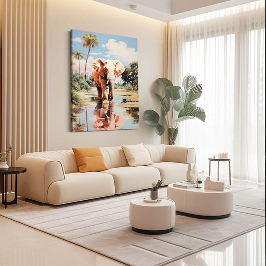 Palm Reflection Elephant Art — contemporary canvas print in orange tones, view 3