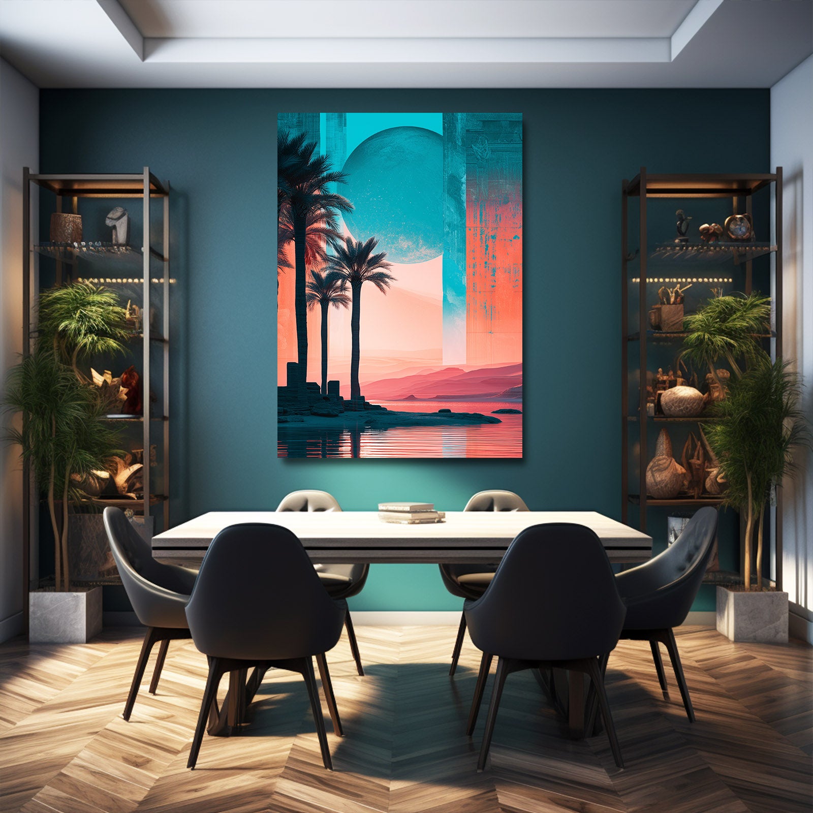 Palm Sunset Gradient Egyptian Prints – styled in a furnished interior